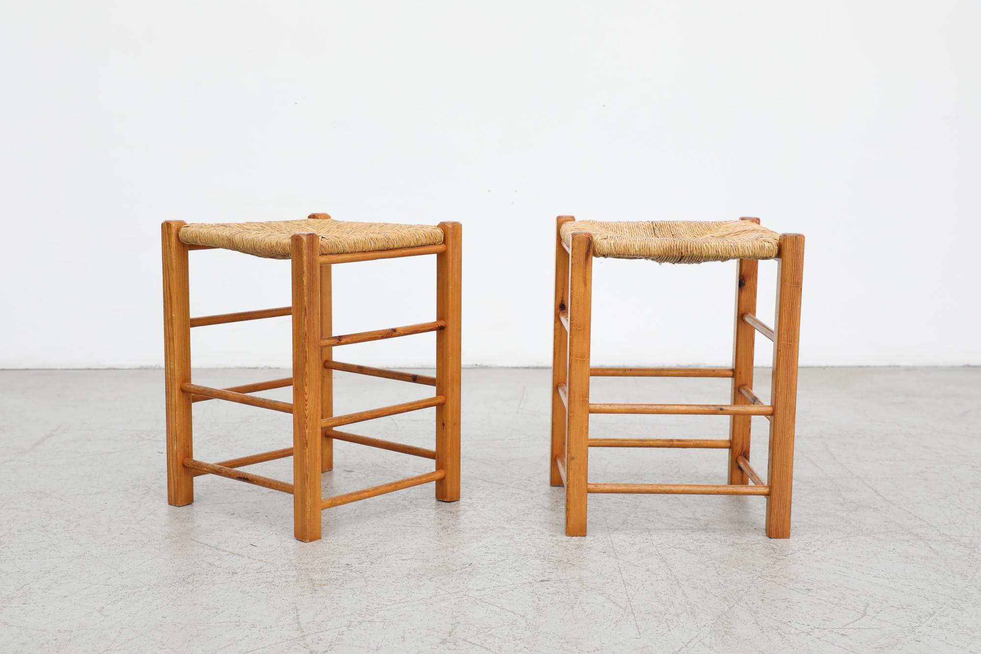 Mid-Century Modern Pair of Mid Century Charlotte Perriand Inspired Counter Stools with Rush Seats