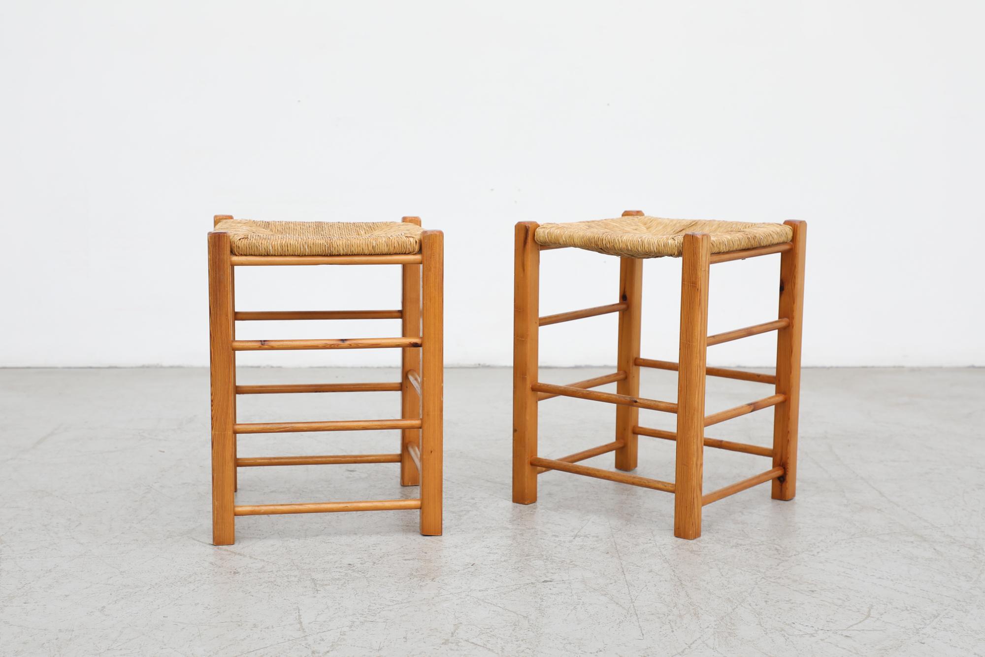 Dutch Pair of Mid Century Charlotte Perriand Inspired Counter Stools with Rush Seats