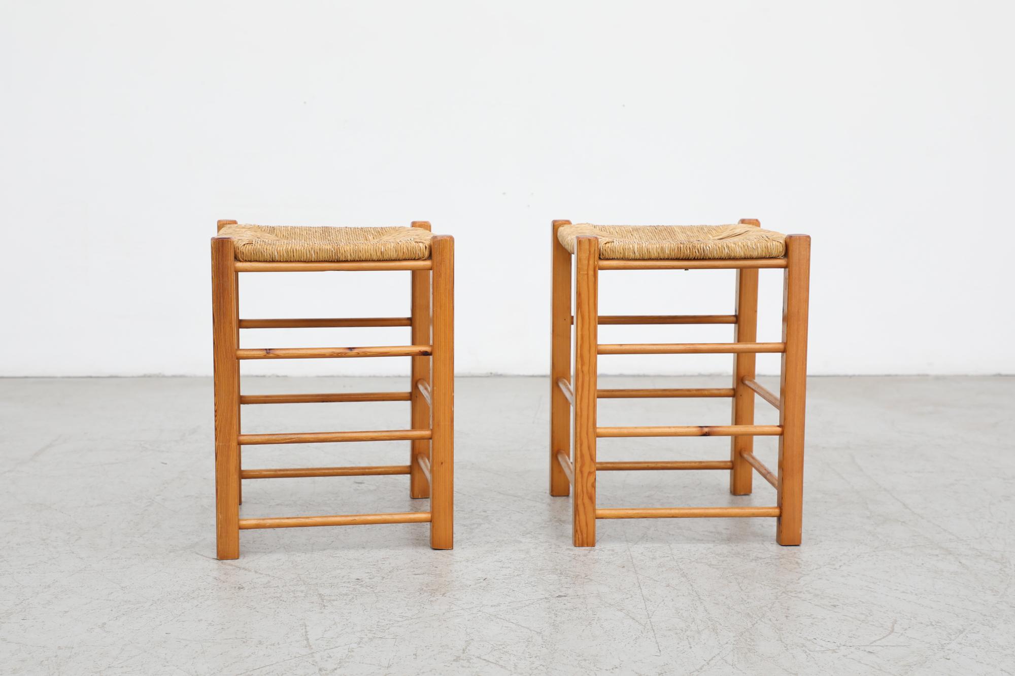 Pair of Mid Century Charlotte Perriand Inspired Counter Stools with Rush Seats In Good Condition In Los Angeles, CA