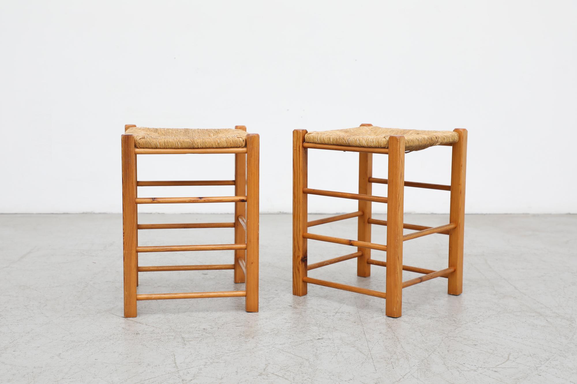 Mid-20th Century Pair of Mid Century Charlotte Perriand Inspired Counter Stools with Rush Seats