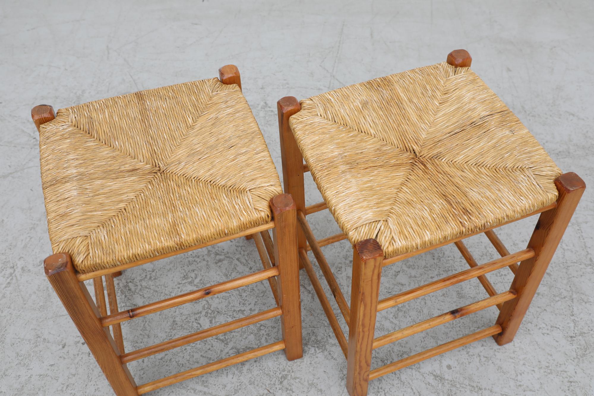 Pair of Mid Century Charlotte Perriand Inspired Counter Stools with Rush Seats 1