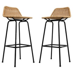Pair of Midcentury Charlotte Perriand Style Wicker Bar Stools