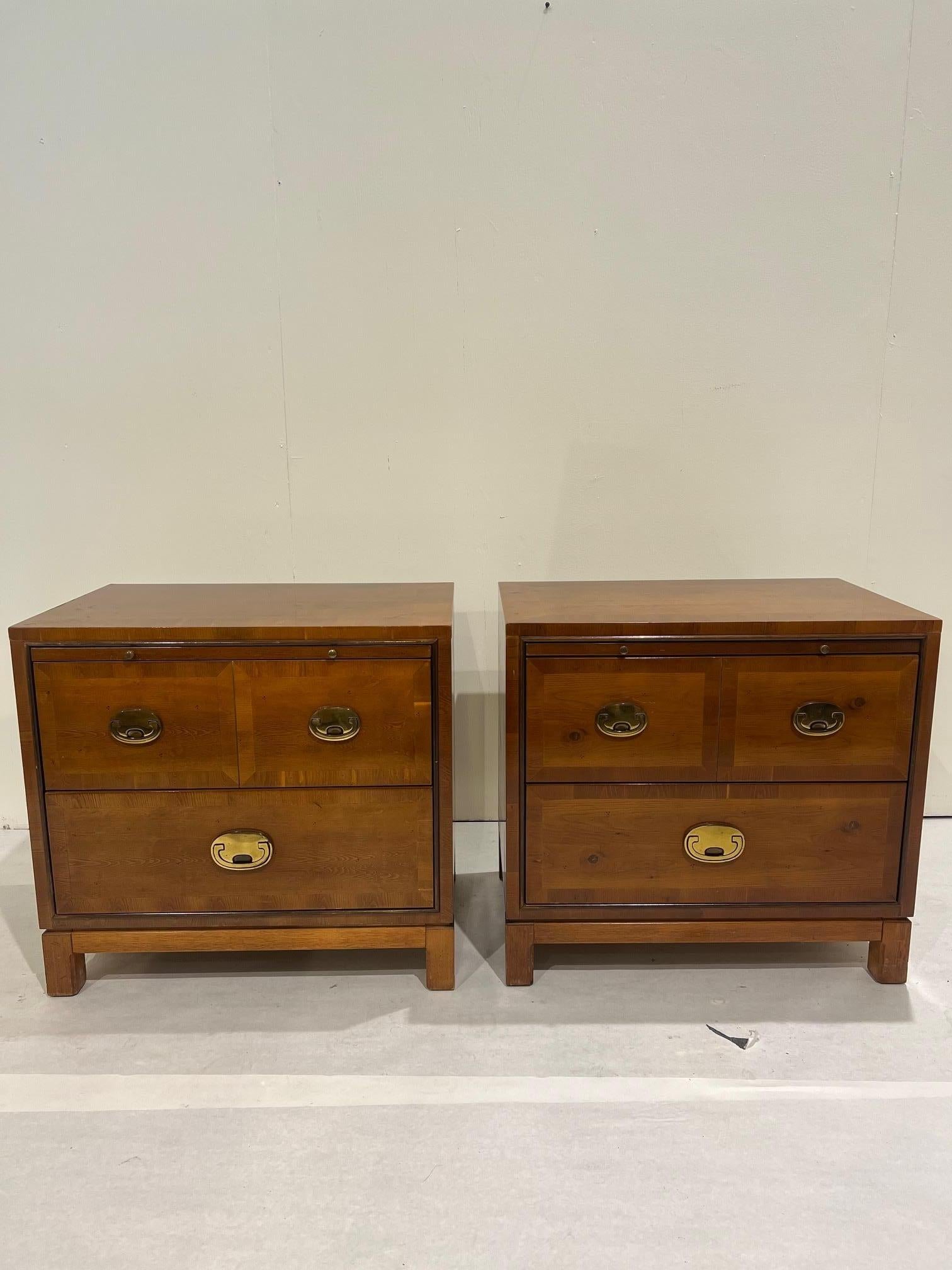 Mid-Century Modern side table sized chest of drawers with gold hardware These are very well made, they are oak and adorned with simple gold hardware sturdy construction.