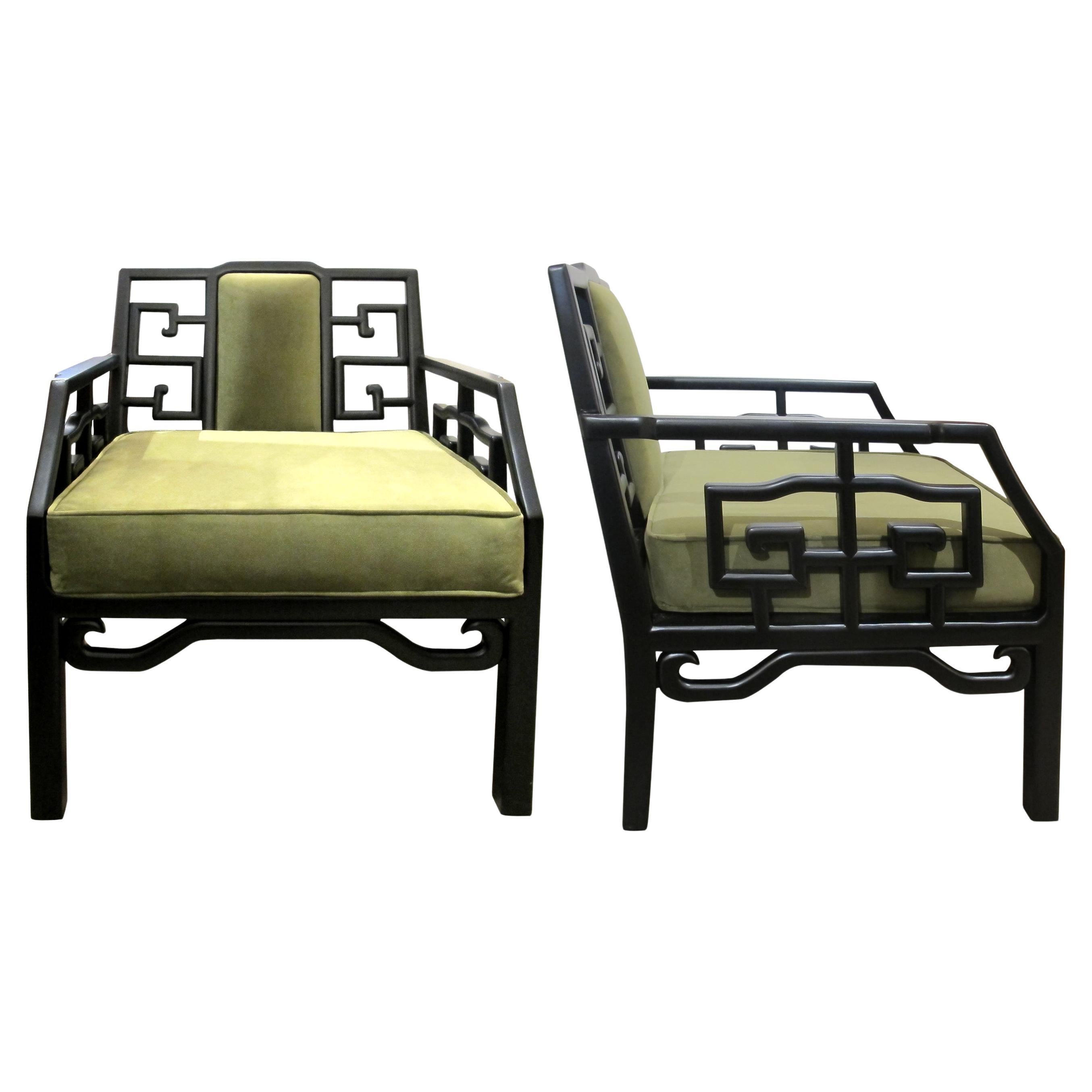 Pair of Mid-Century Chinese Black Lacquer Armchairs with Geometric Fretwork For Sale