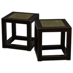 Pair of Midcentury Chinese Black Lacquer Cube Stone Top Tables
