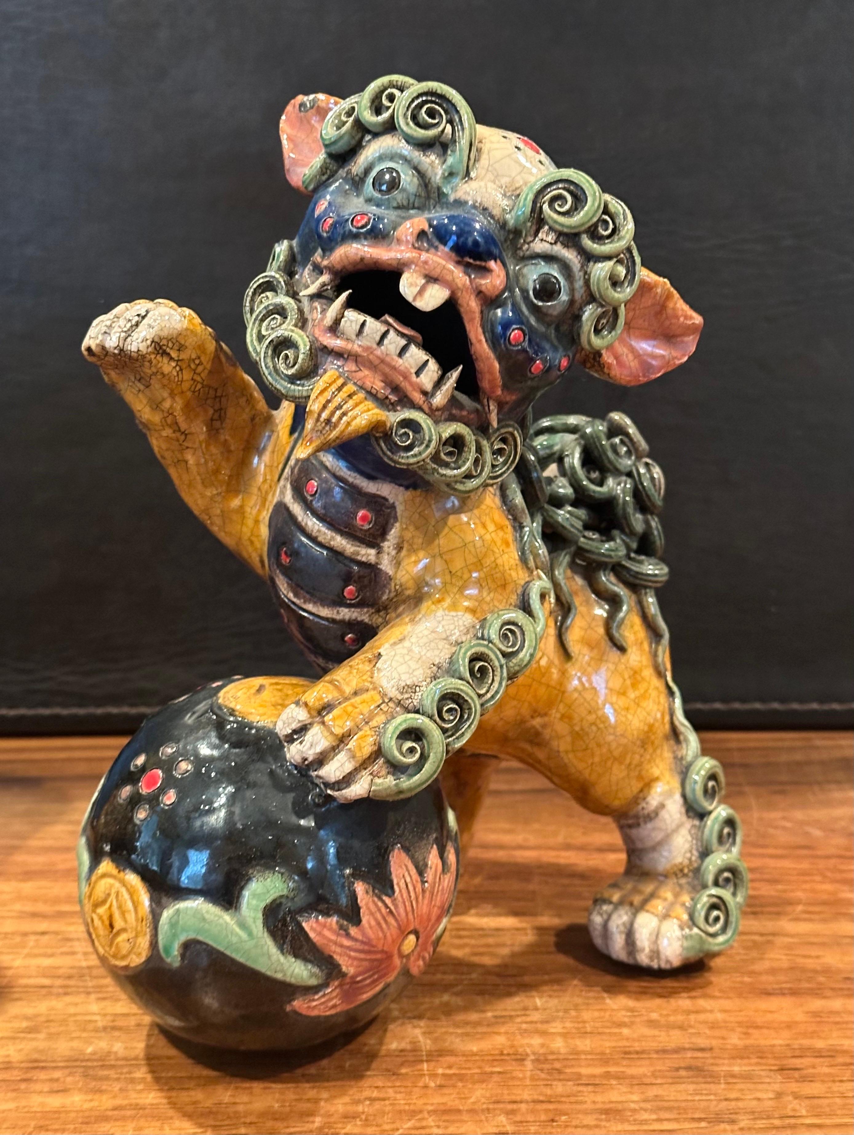 Pair of Mid-Century Chinese Ceramic Polychrome Foo Dogs For Sale 2
