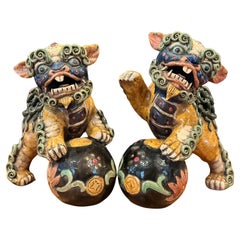 Retro Pair of Mid-Century Chinese Ceramic Polychrome Foo Dogs
