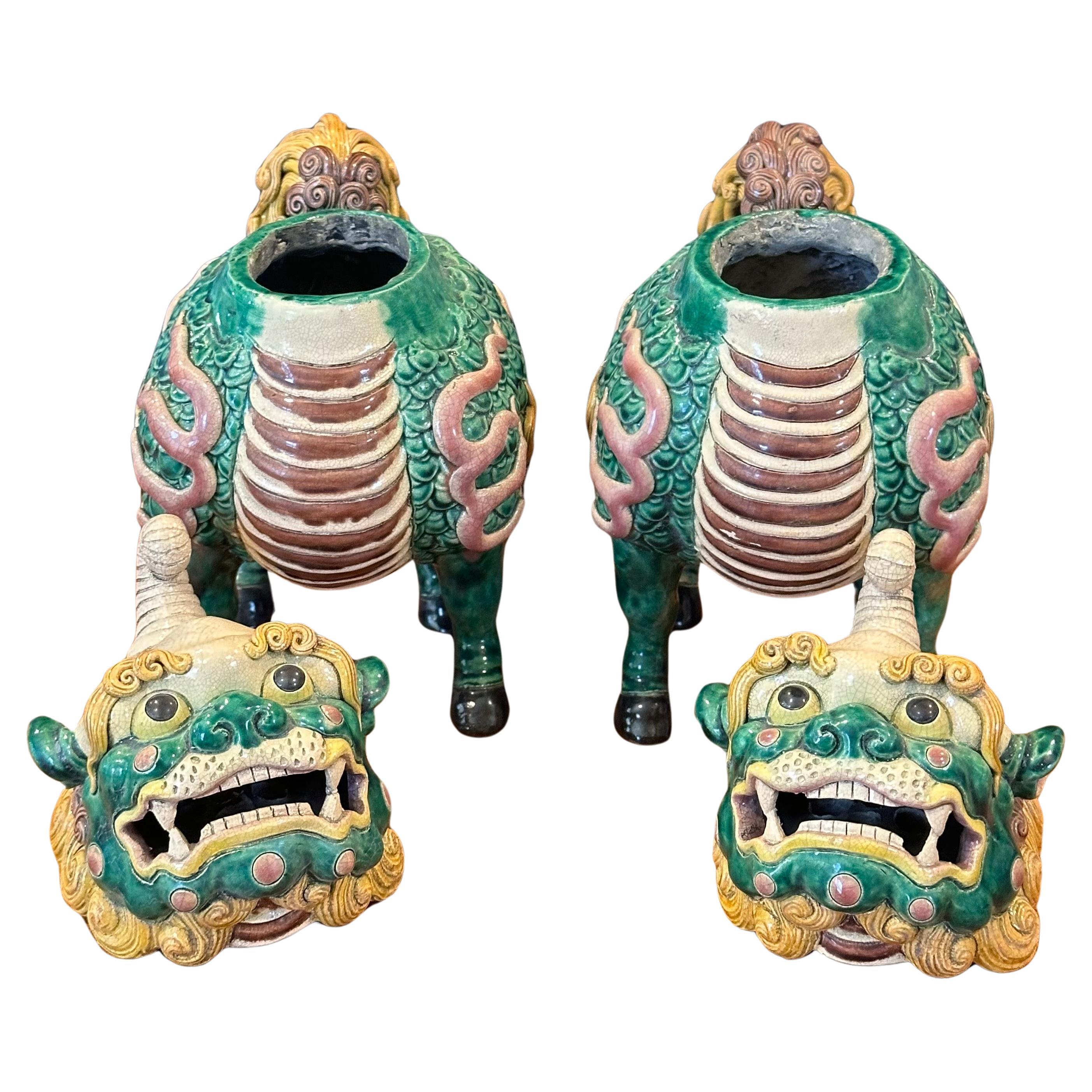Mid-Century Modern Pair of Mid-Century Chinese Ceramic Polychrome Incense Censer Foo Dogs For Sale
