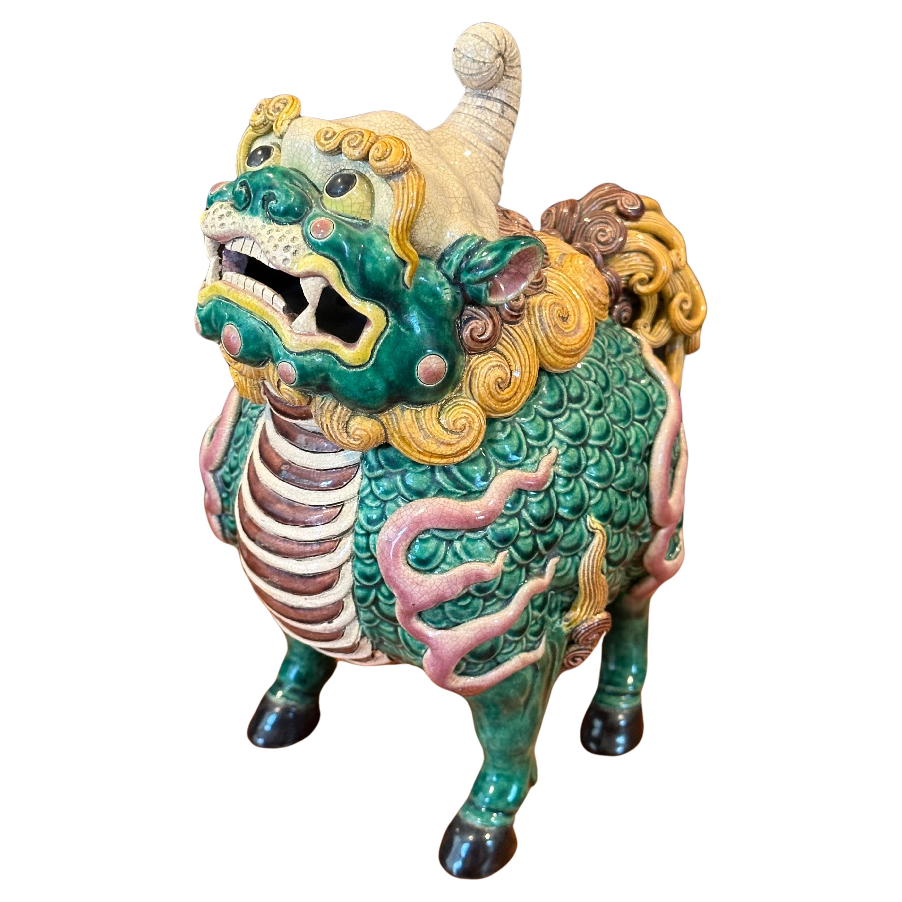 Hand-Crafted Pair of Mid-Century Chinese Ceramic Polychrome Incense Censer Foo Dogs For Sale