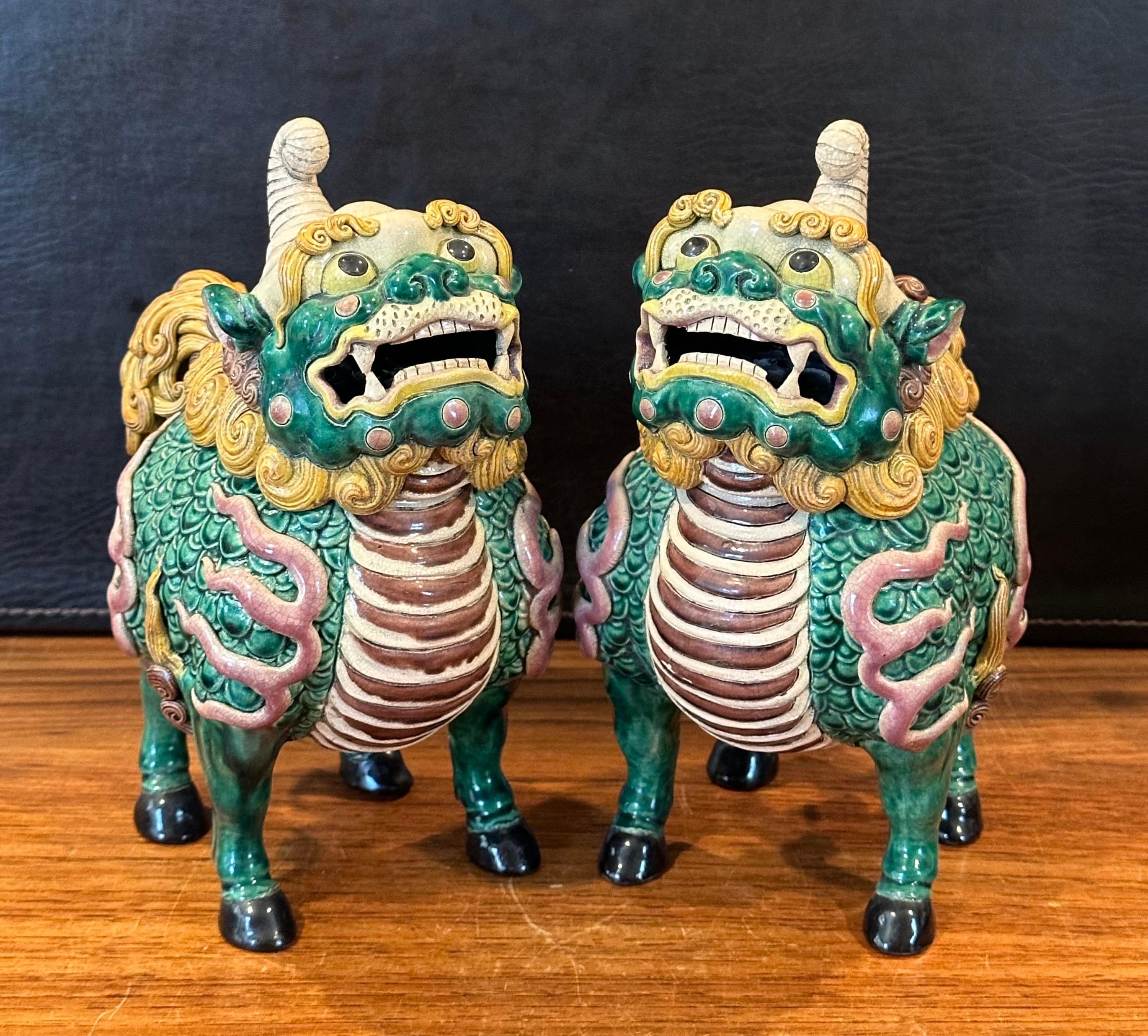 Pair of Mid-Century Chinese Ceramic Polychrome Incense Censer Foo Dogs In Good Condition For Sale In San Diego, CA