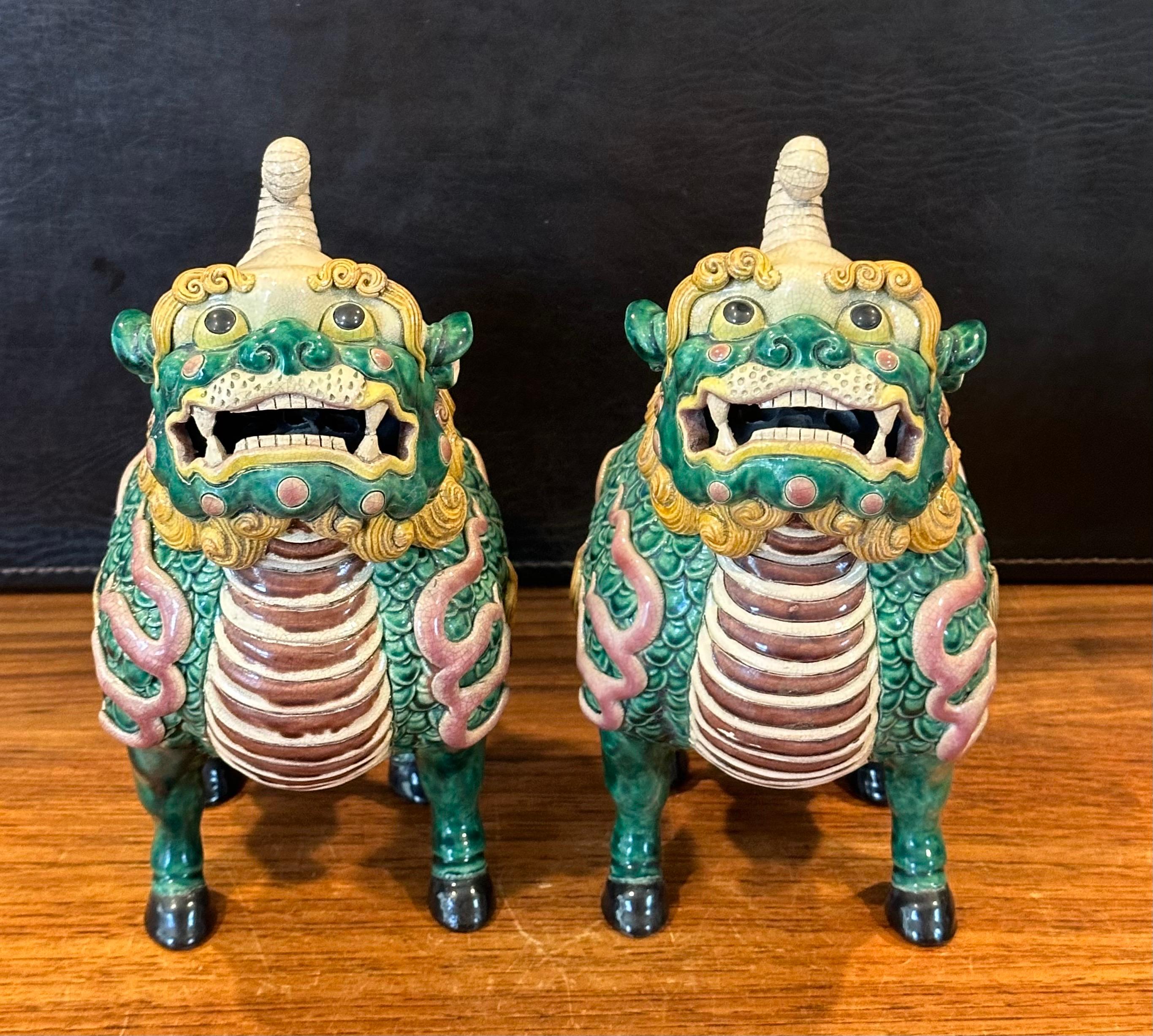 20th Century Pair of Mid-Century Chinese Ceramic Polychrome Incense Censer Foo Dogs For Sale