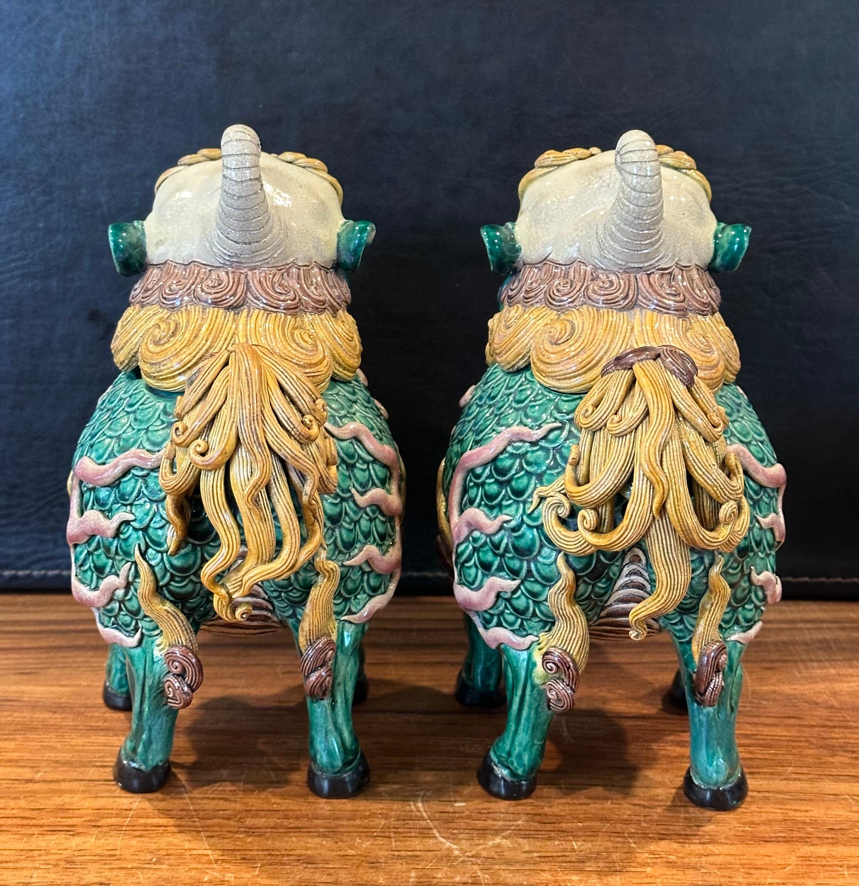 Pair of Mid-Century Chinese Ceramic Polychrome Incense Censer Foo Dogs For Sale 2