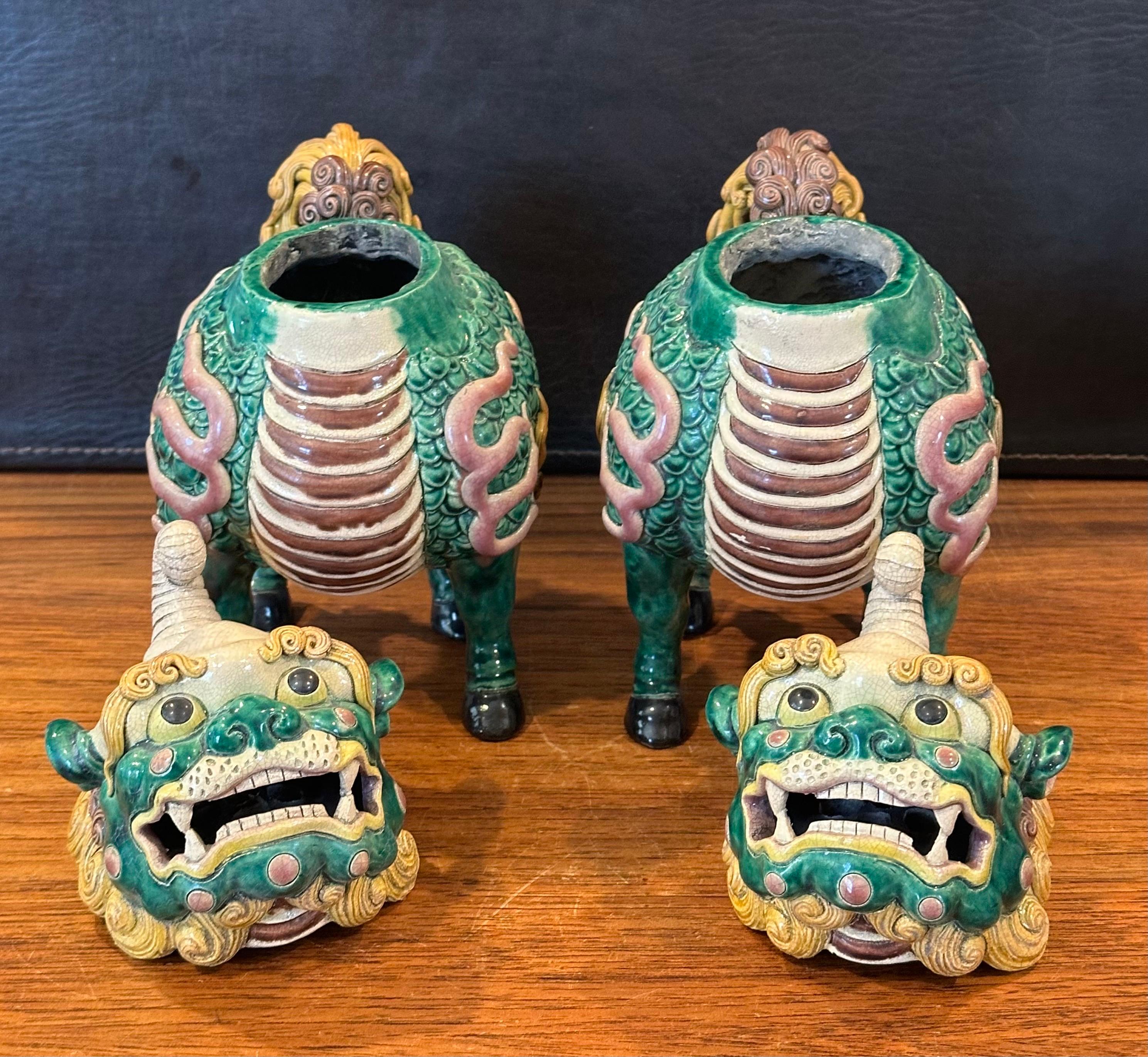 Pair of Mid-Century Chinese Ceramic Polychrome Incense Censer Foo Dogs For Sale 3
