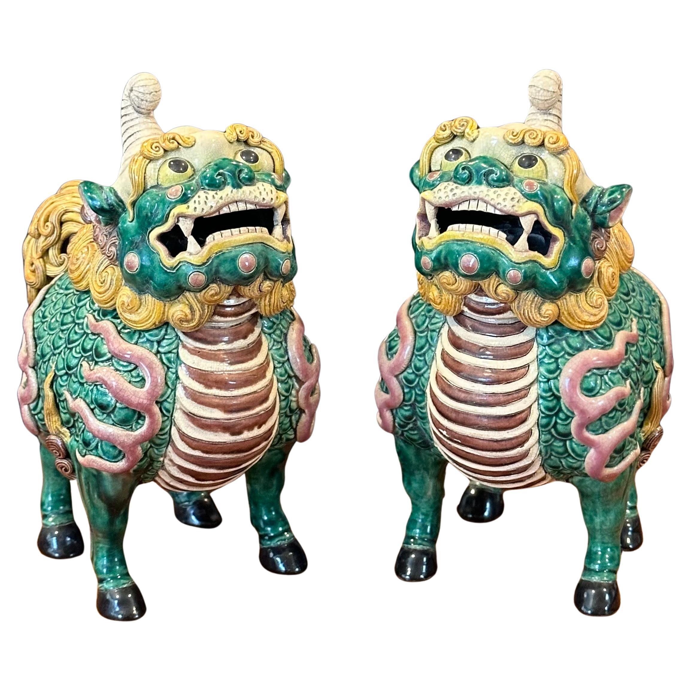 Pair of Mid-Century Chinese Ceramic Polychrome Incense Censer Foo Dogs For Sale