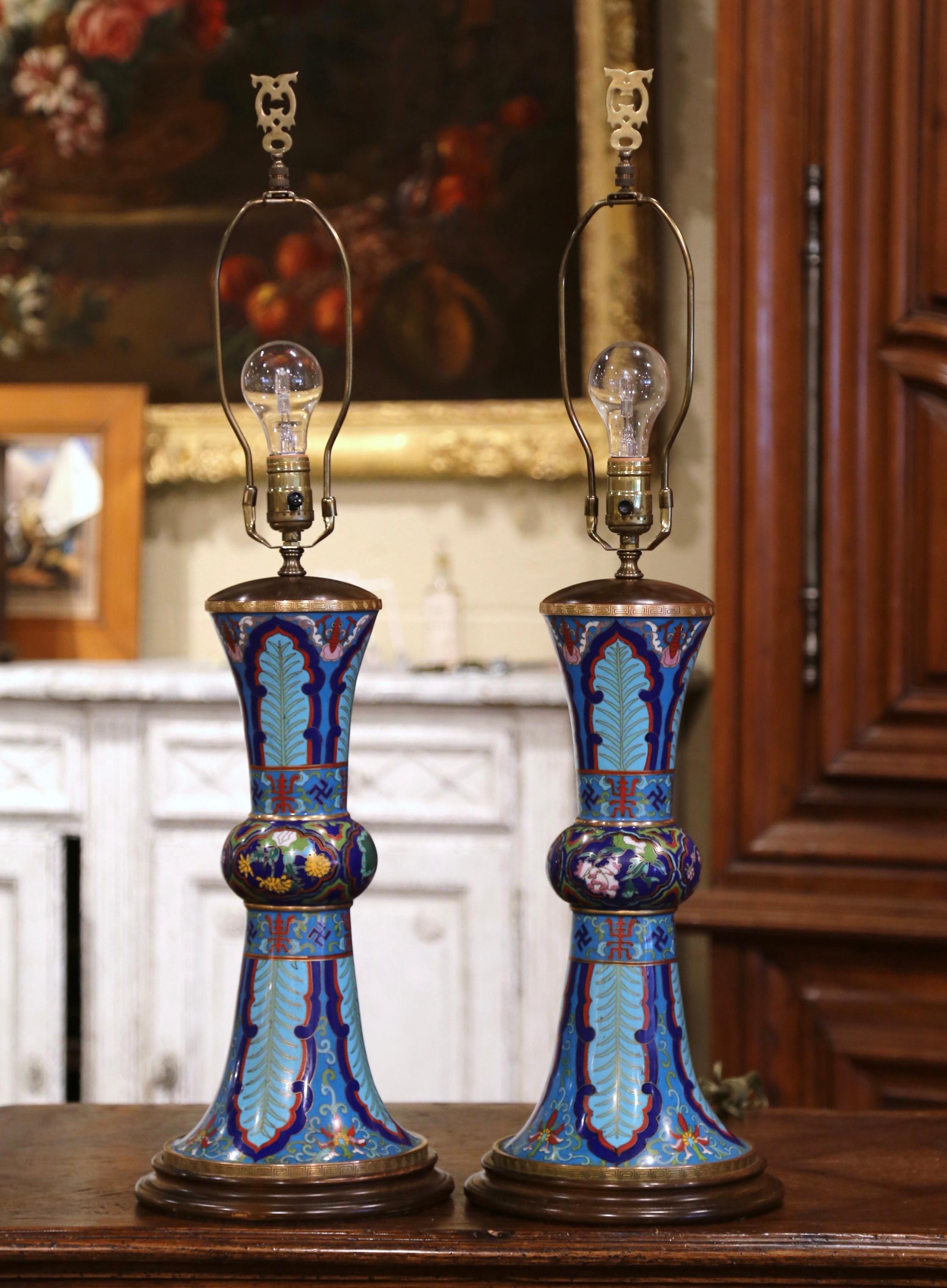 Pair of Mid-Century Chinese Champlevé Enamel Table Lamps with Custom Shades In Excellent Condition In Dallas, TX