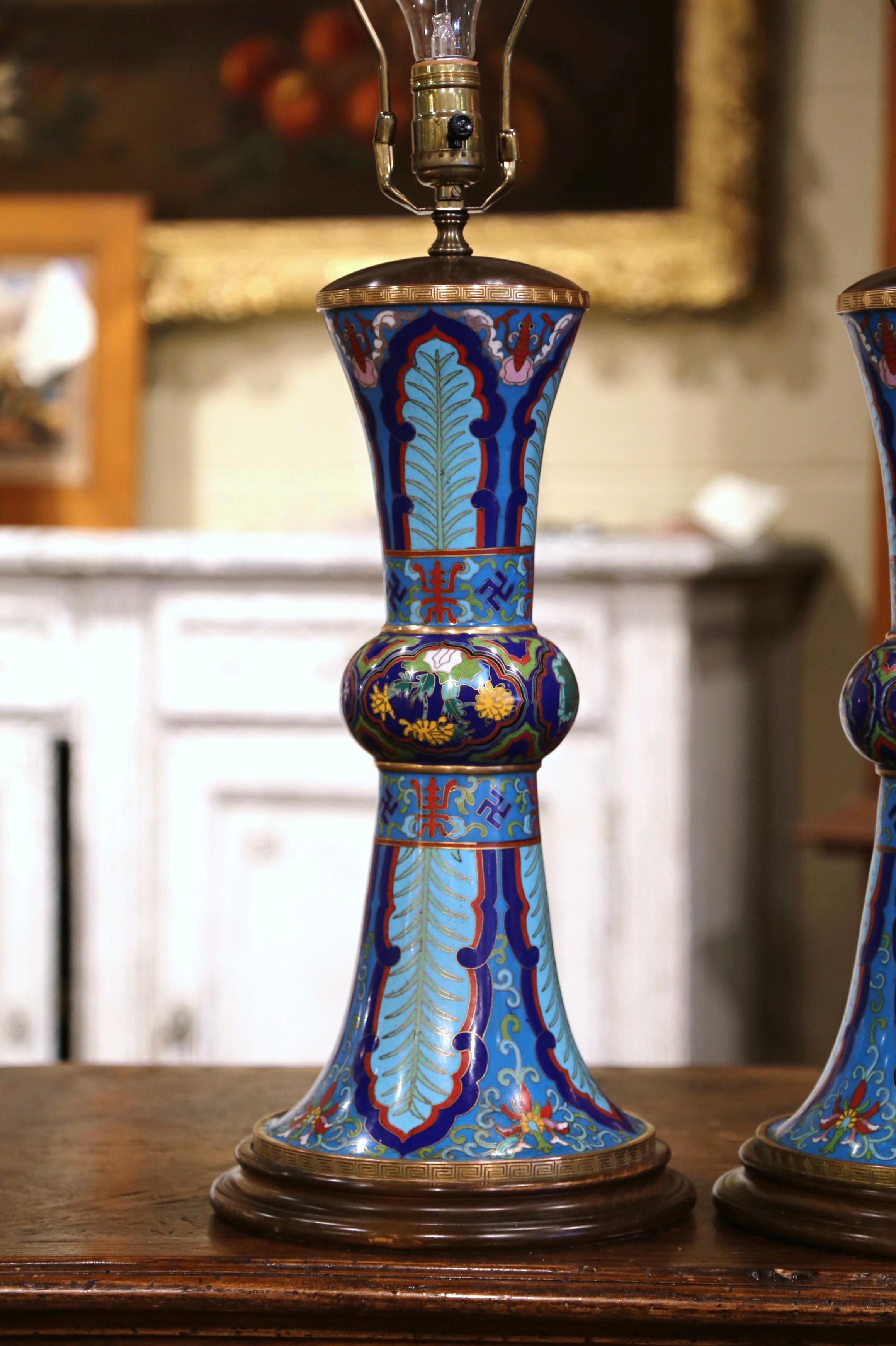 20th Century Pair of Mid-Century Chinese Champlevé Enamel Table Lamps with Custom Shades