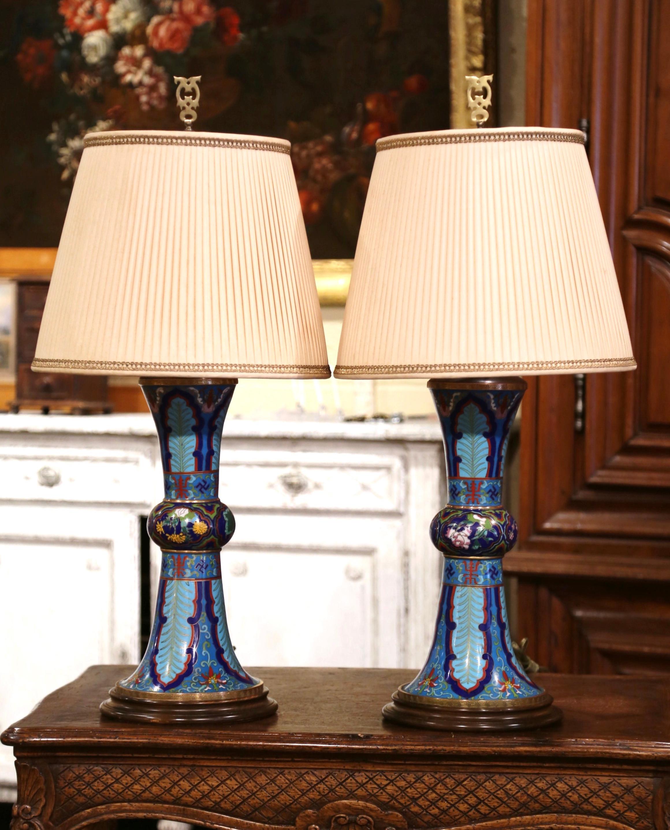 Brass Pair of Mid-Century Chinese Champlevé Enamel Table Lamps with Custom Shades