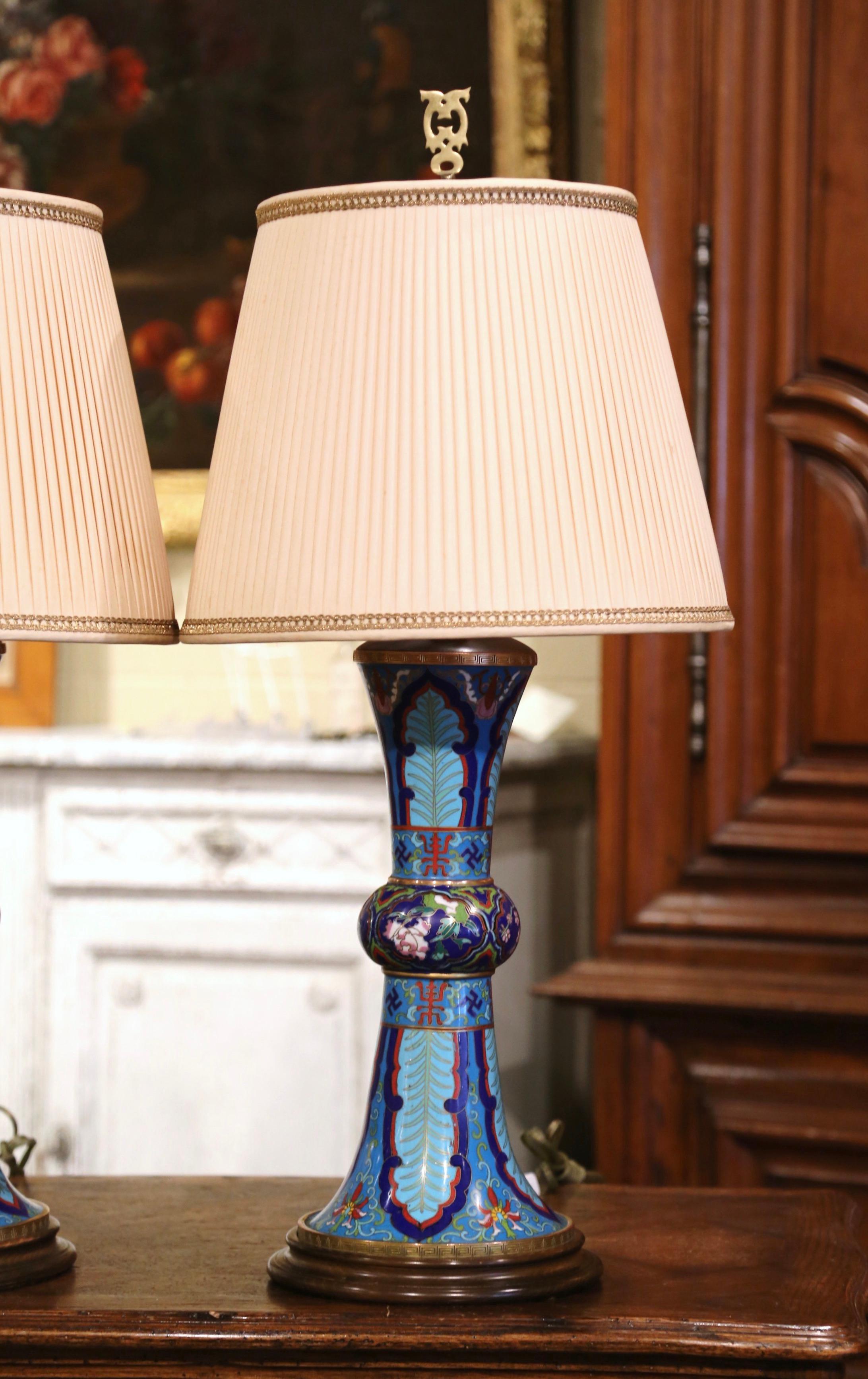 Pair of Mid-Century Chinese Champlevé Enamel Table Lamps with Custom Shades 2