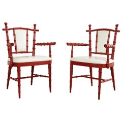Pair of Mid-Century Chinese Chippendale Coral Red Faux Bamboo Armchairs