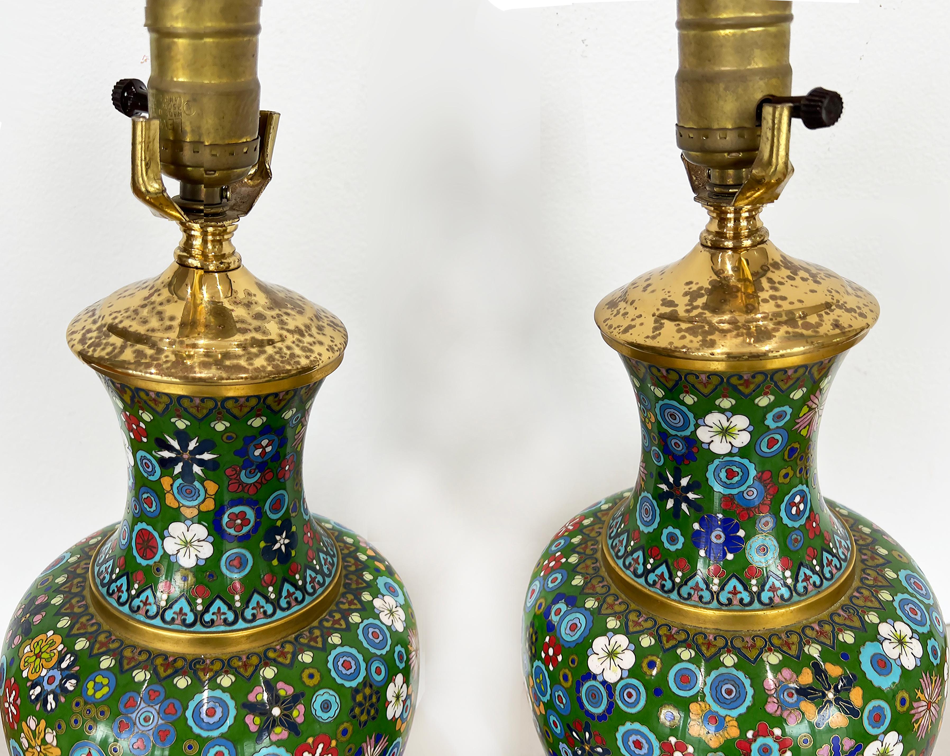 Pair of Mid-century Chinese Cloisonne Urns Table Lamps on Wood Bases 4