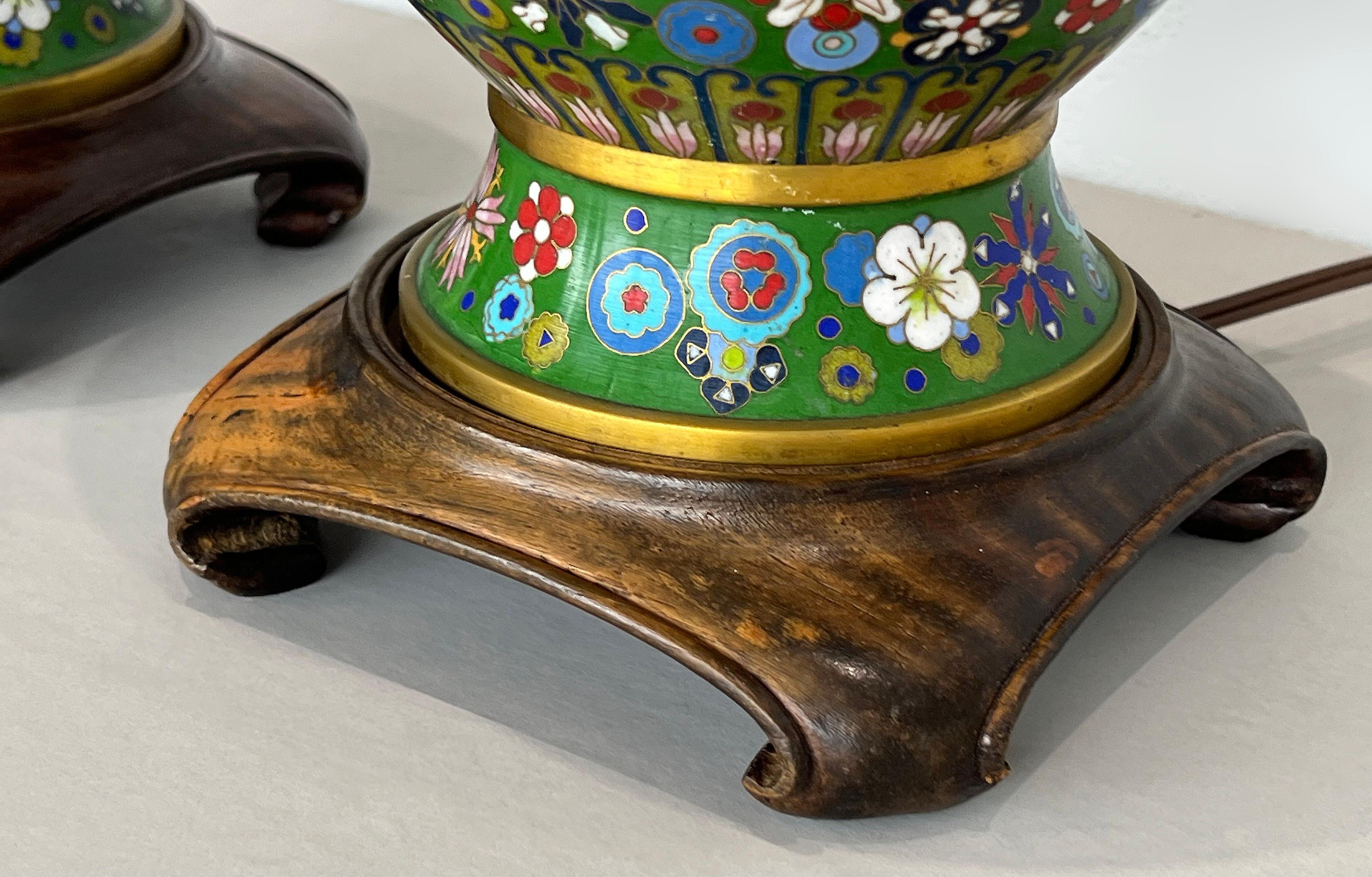 Pair of Mid-century Chinese Cloisonne Urns Table Lamps on Wood Bases 2