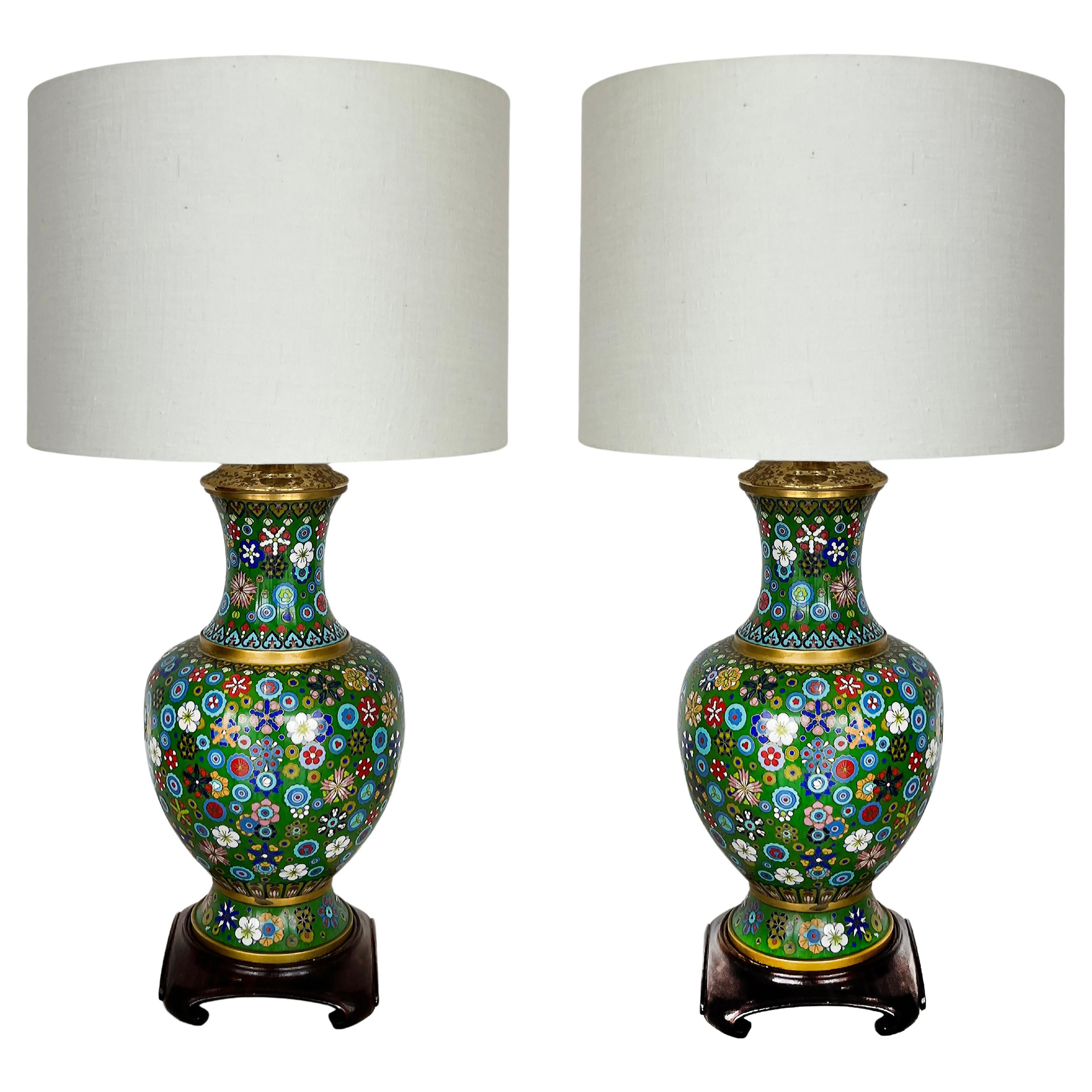Pair of Mid-century Chinese Cloisonne Urns Table Lamps on Wood Bases