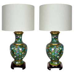 Pair of Mid-century Chinese Cloisonne Urns Table Lamps on Wood Bases