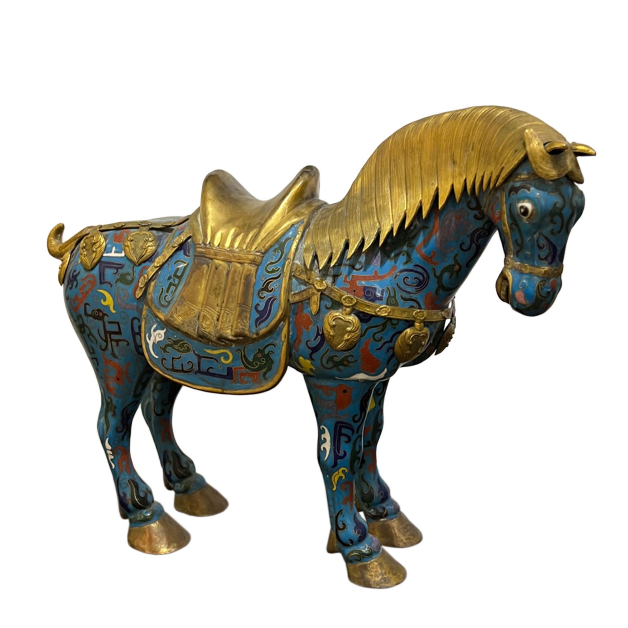 Chinese Export Pair of Mid Century Chinese Copper, Enamel & Gilt Horses For Sale