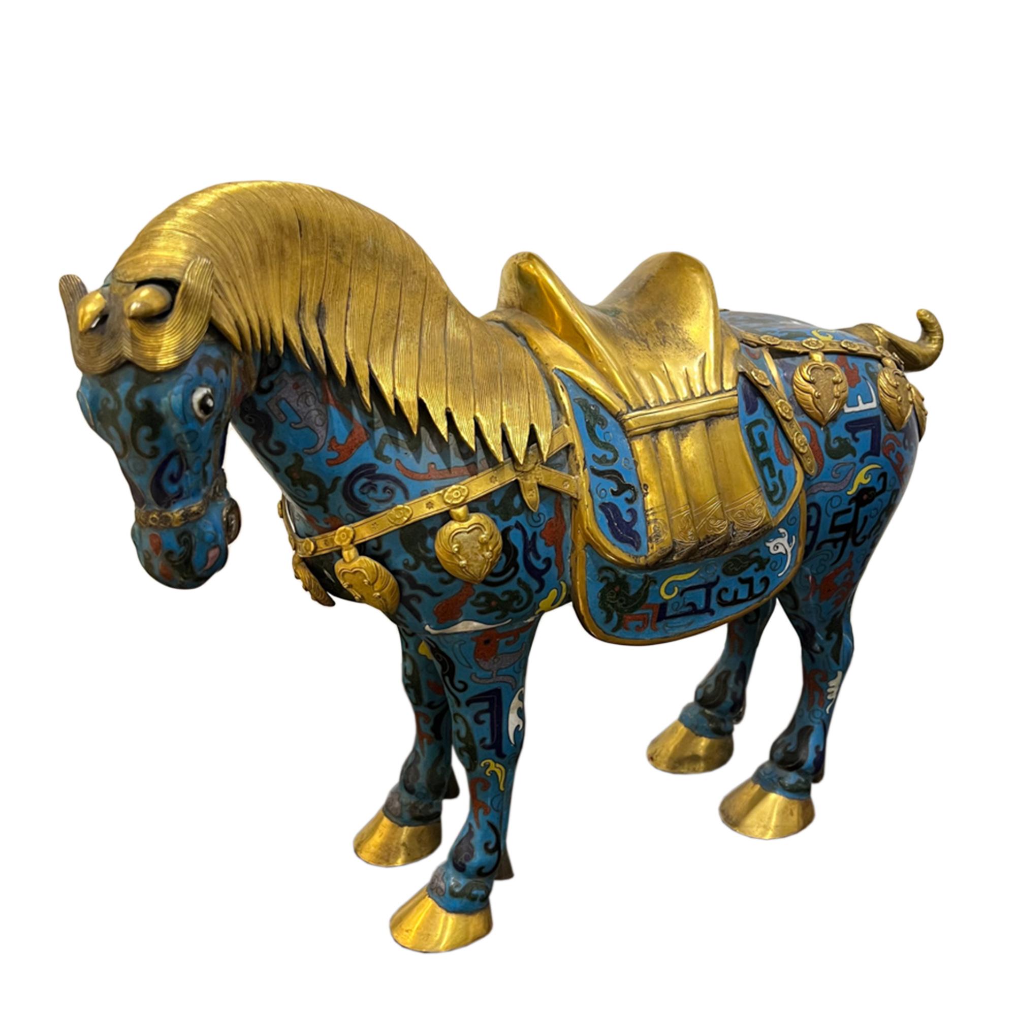 Pair of Mid Century Chinese Copper, Enamel & Gilt Horses In Good Condition For Sale In London, GB