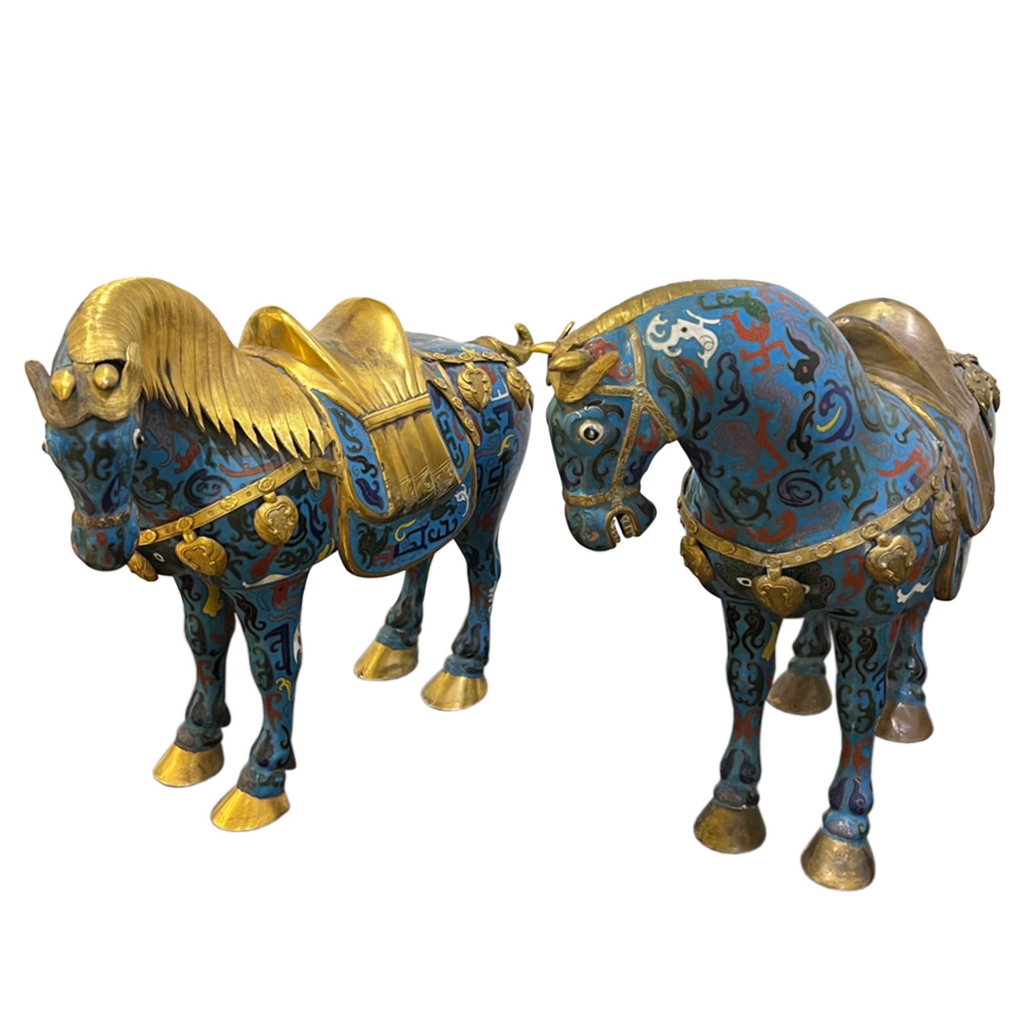 Pair of Mid Century Chinese Copper, Enamel & Gilt Horses For Sale 2