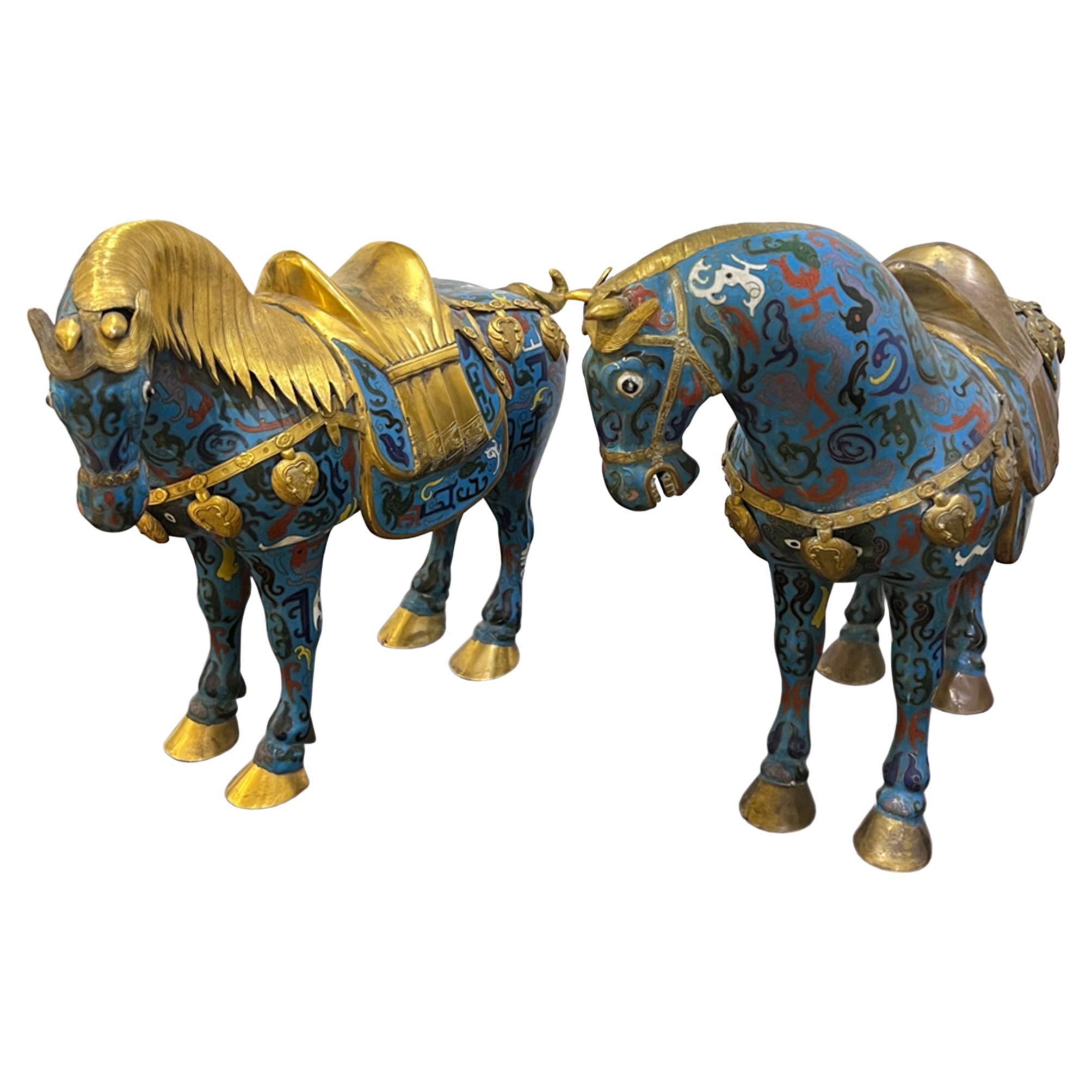 Pair of Mid Century Chinese Copper, Enamel & Gilt Horses For Sale