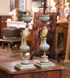 Pair of Mid-Century Chinese Export Hand Painted Porcelain Parrot Candelabras