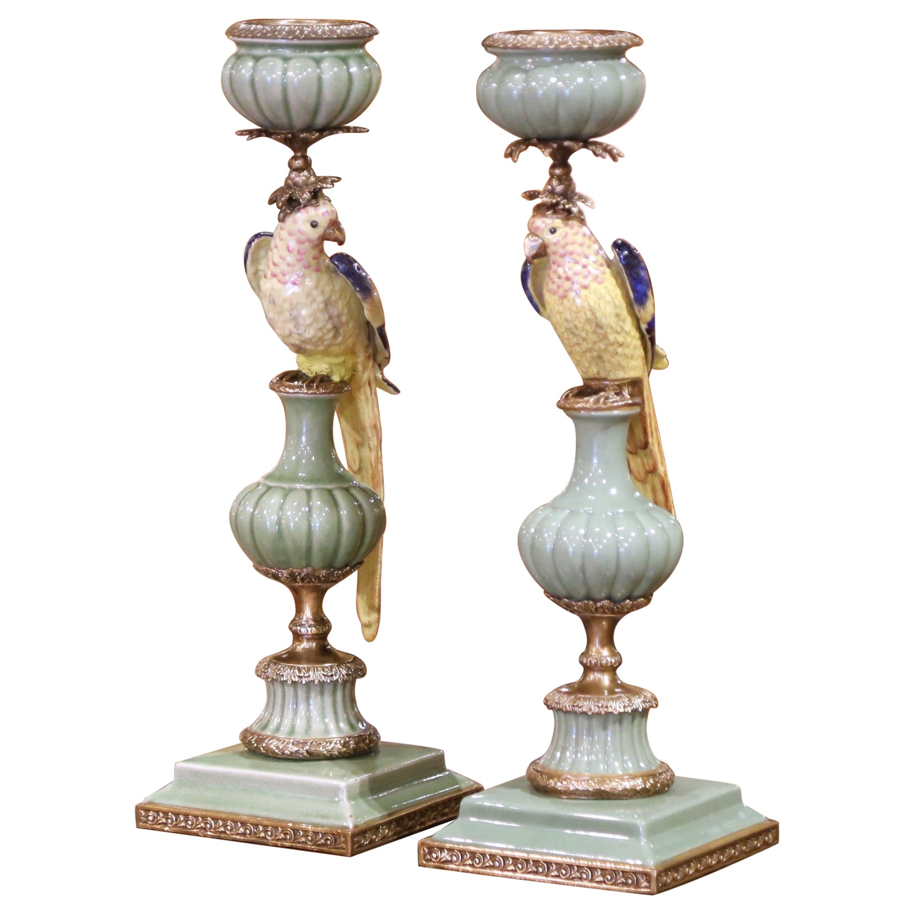 Pair of Mid-Century Chinese Export Hand Painted Porcelain Parrot Candelabras