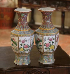Pair of Mid-Century Chinese Famille Rose Hand Painted Pale Green Porcelain Vases