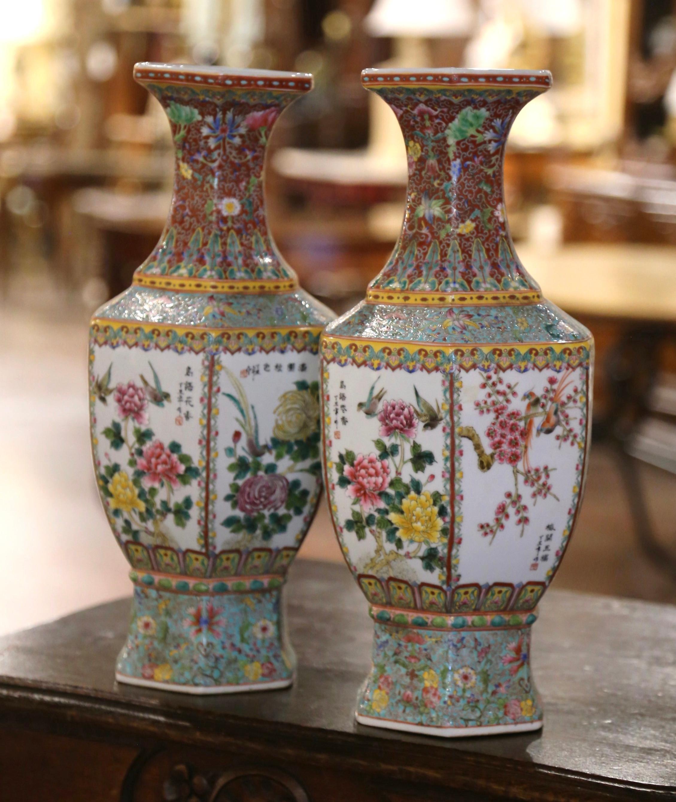 20th Century Pair of Mid-Century Chinese Famille Rose Hand Painted Pale Green Porcelain Vases For Sale