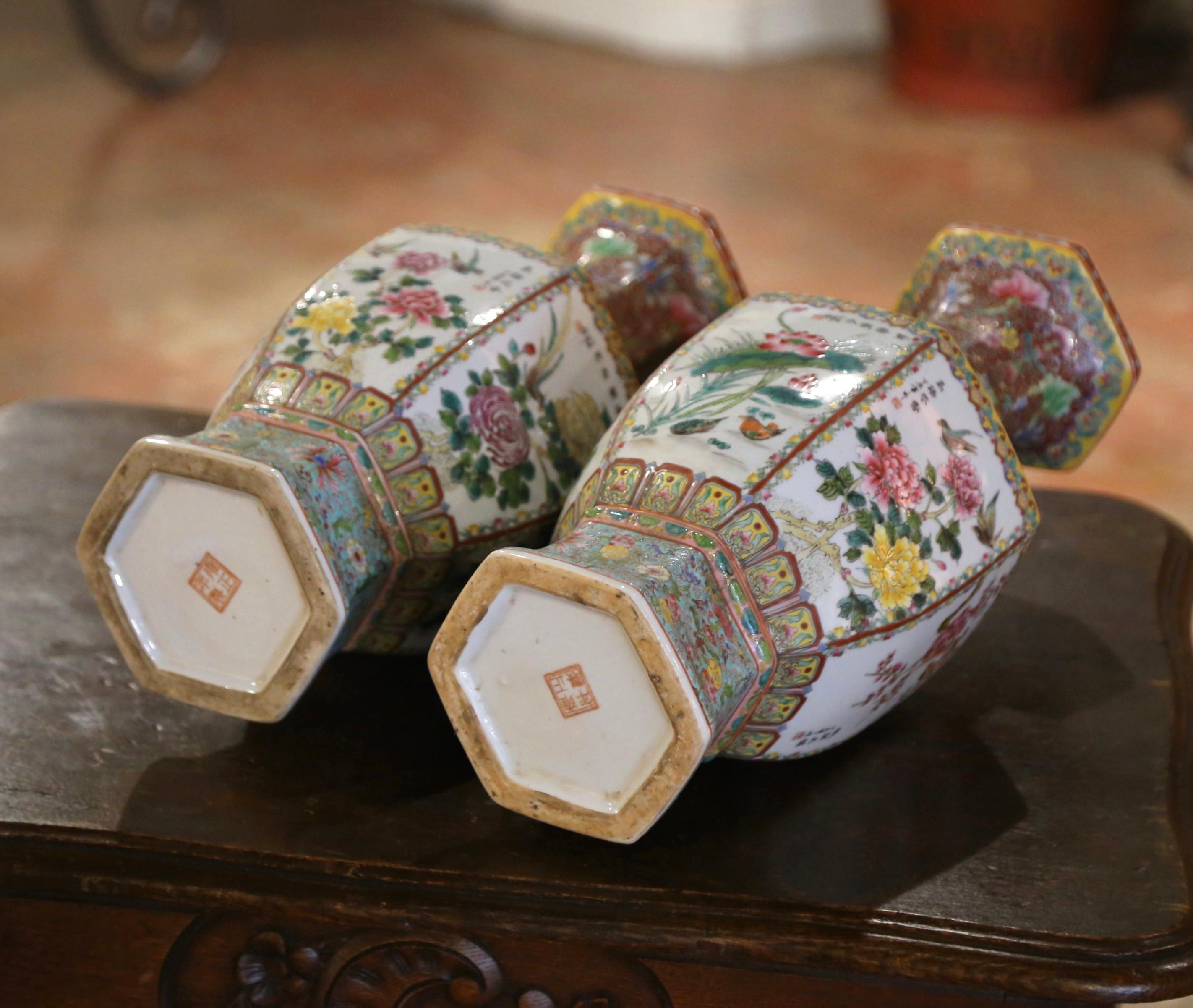 Pair of Mid-Century Chinese Famille Rose Hand Painted Pale Green Porcelain Vases For Sale 1