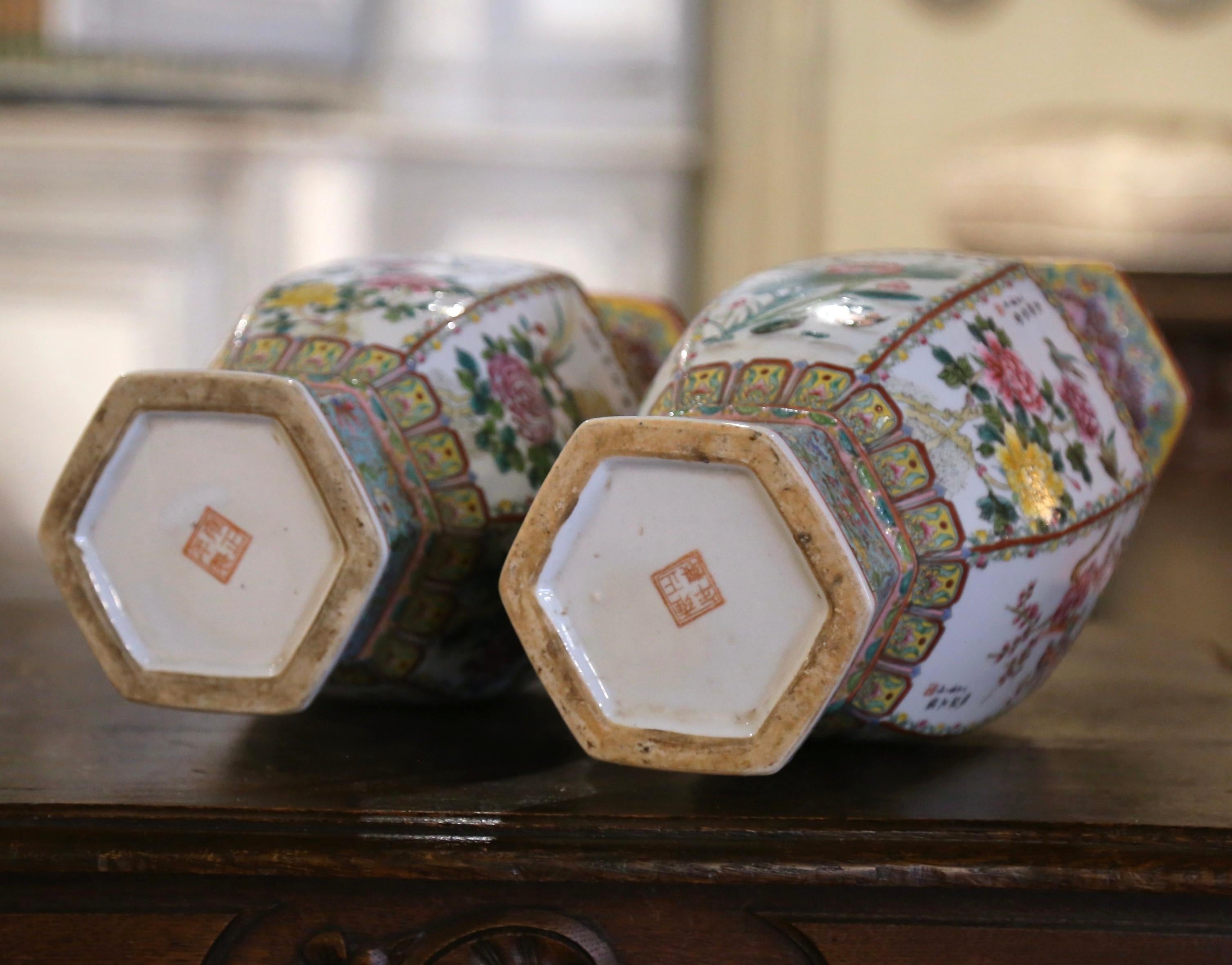 Pair of Mid-Century Chinese Famille Rose Hand Painted Pale Green Porcelain Vases For Sale 2