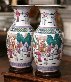 Pair of Mid-Century Chinese Famille Rose Hand Painted Porcelain Vases on Bases