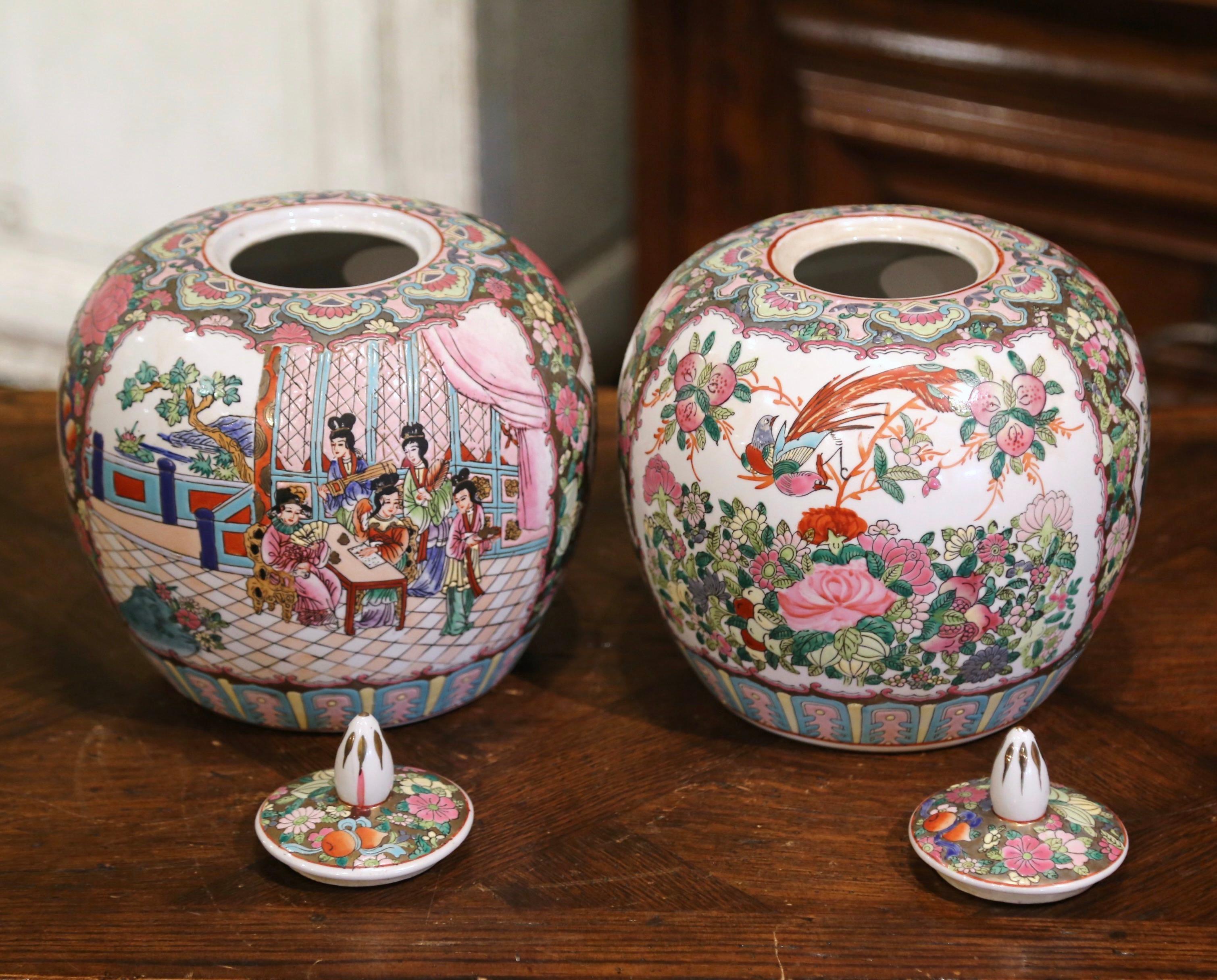 Pair of Mid-Century Chinese Famille Rose Porcelain Melon Jars 5