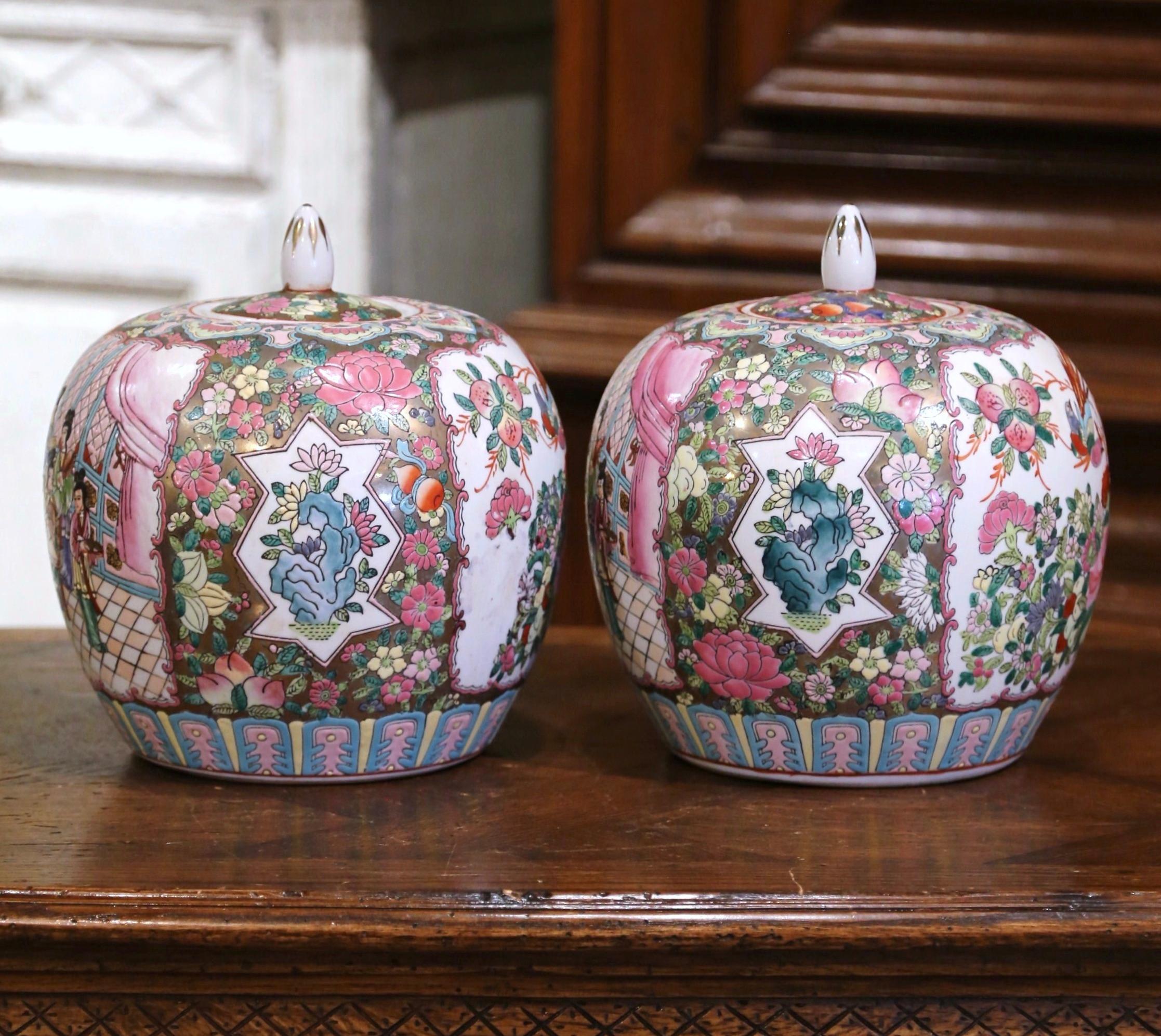 Decorate a console or mantle with this colorful pair of colorful antique melon jars. Created in China, circa 1880, each enameled vase is decorated with foliate motifs, reserves depicting birds, figural scene, and further embellished with Famille