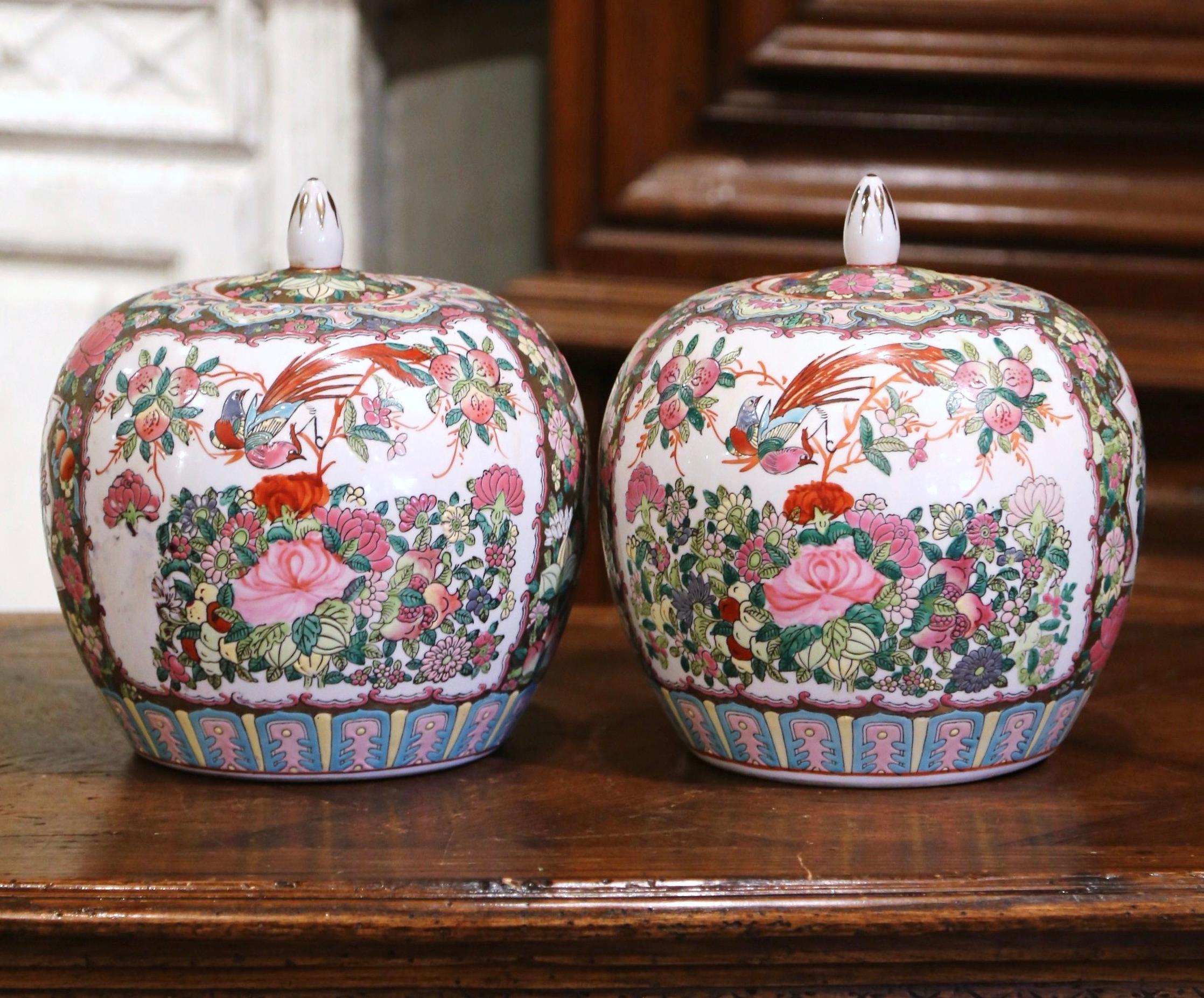 Hand-Crafted Pair of Mid-Century Chinese Famille Rose Porcelain Melon Jars
