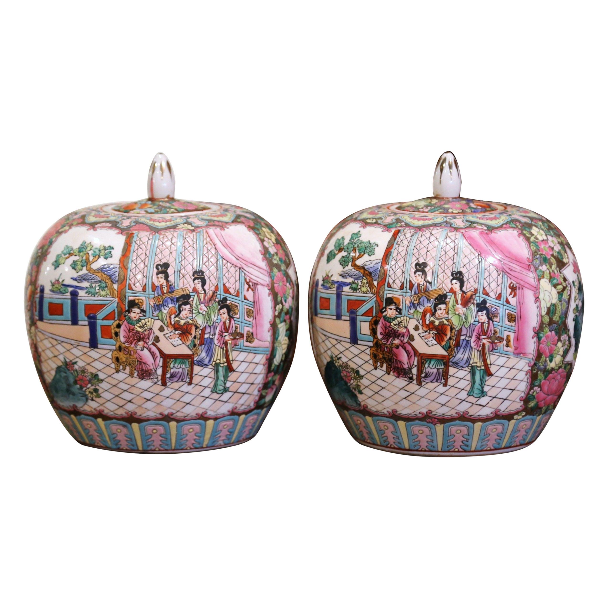 Pair of Mid-Century Chinese Famille Rose Porcelain Melon Jars