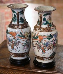 Pair of Midcentury Chinese Hand Painted Glazed Ceramic Vases on Bases