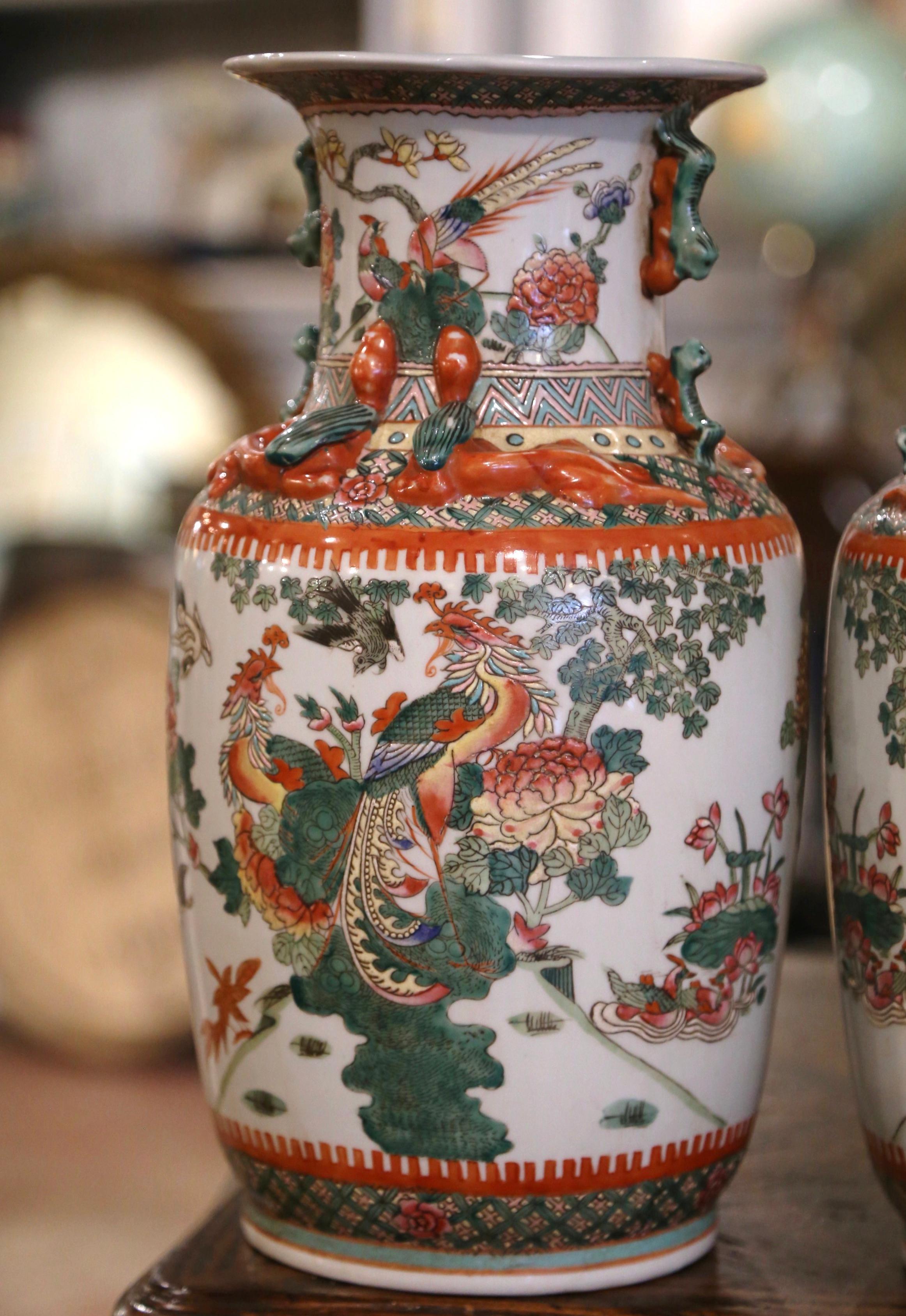 Glazed Pair of Mid-Century Chinese Hand Painted Porcelain Vases with Bird Motifs