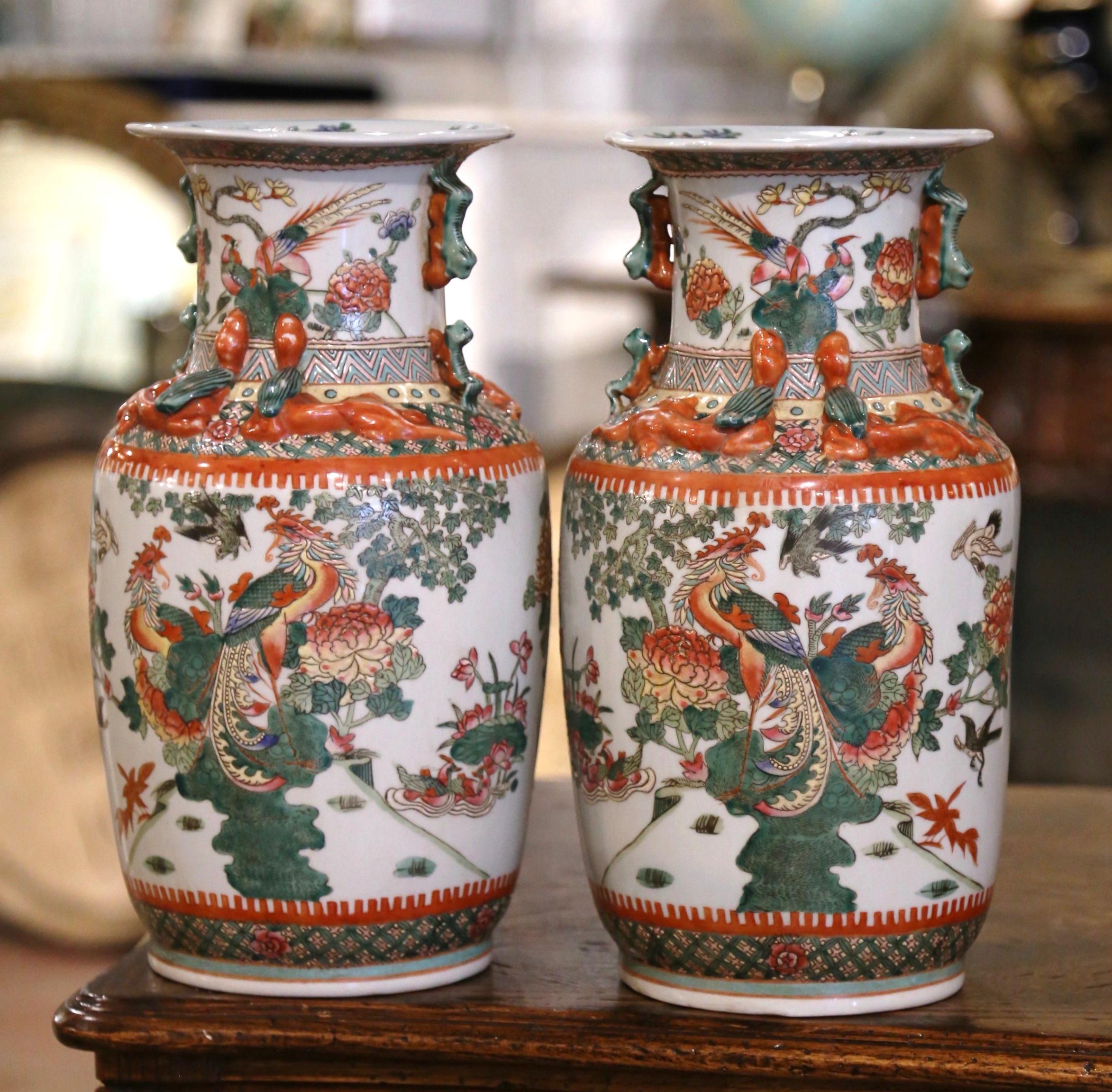 20th Century Pair of Mid-Century Chinese Hand Painted Porcelain Vases with Bird Motifs