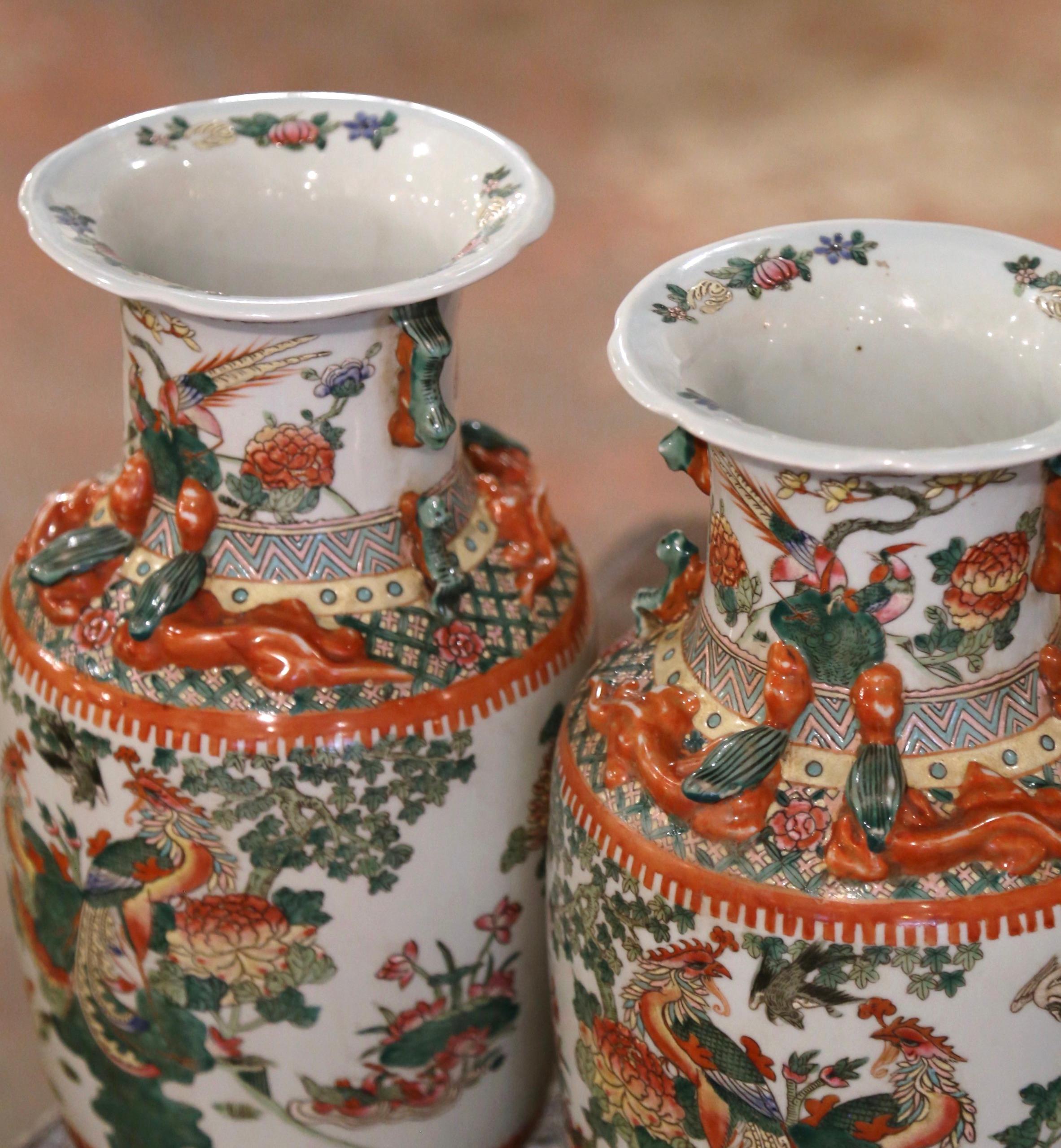 Ceramic Pair of Mid-Century Chinese Hand Painted Porcelain Vases with Bird Motifs