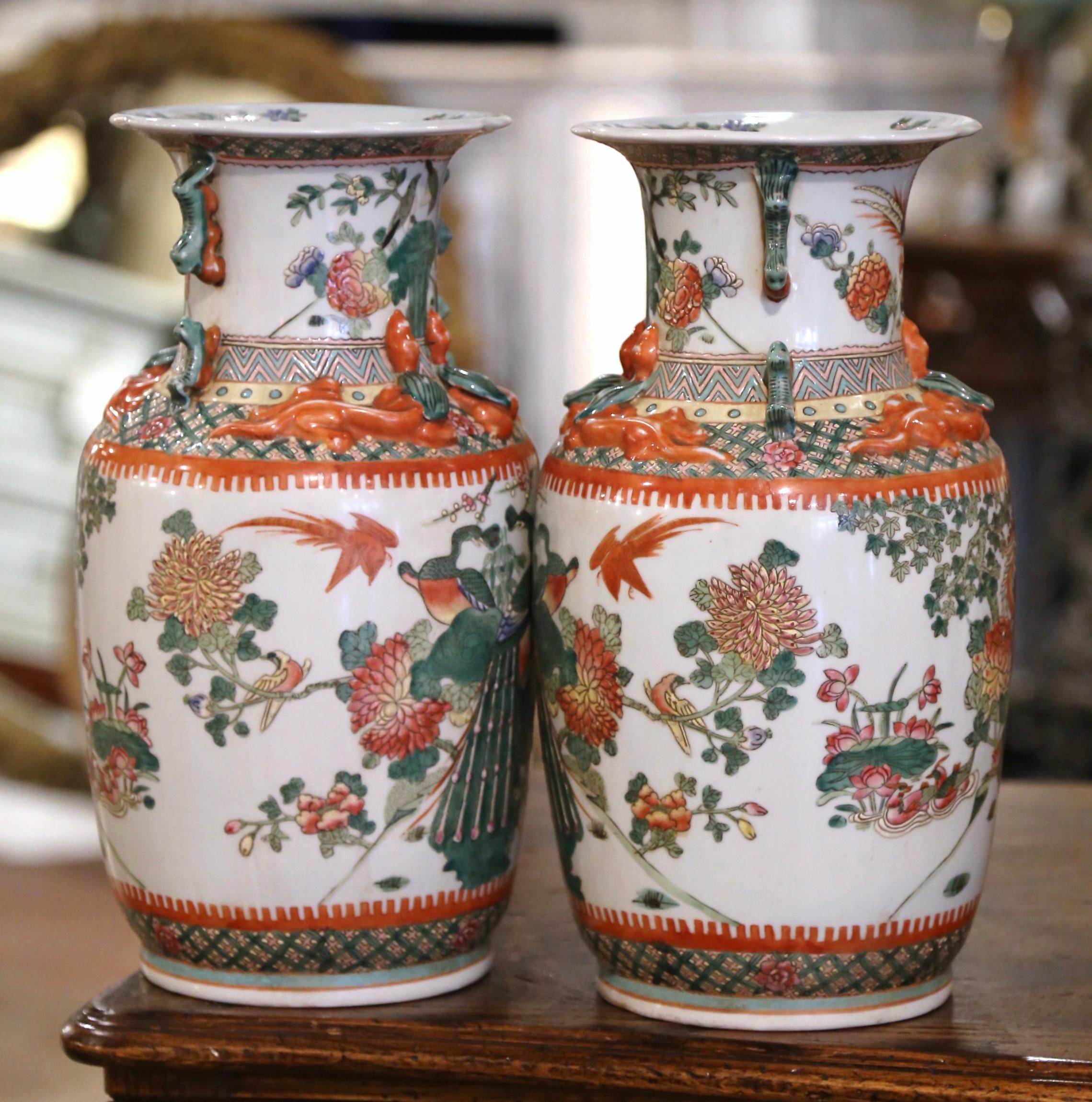 Pair of Mid-Century Chinese Hand Painted Porcelain Vases with Bird Motifs 1