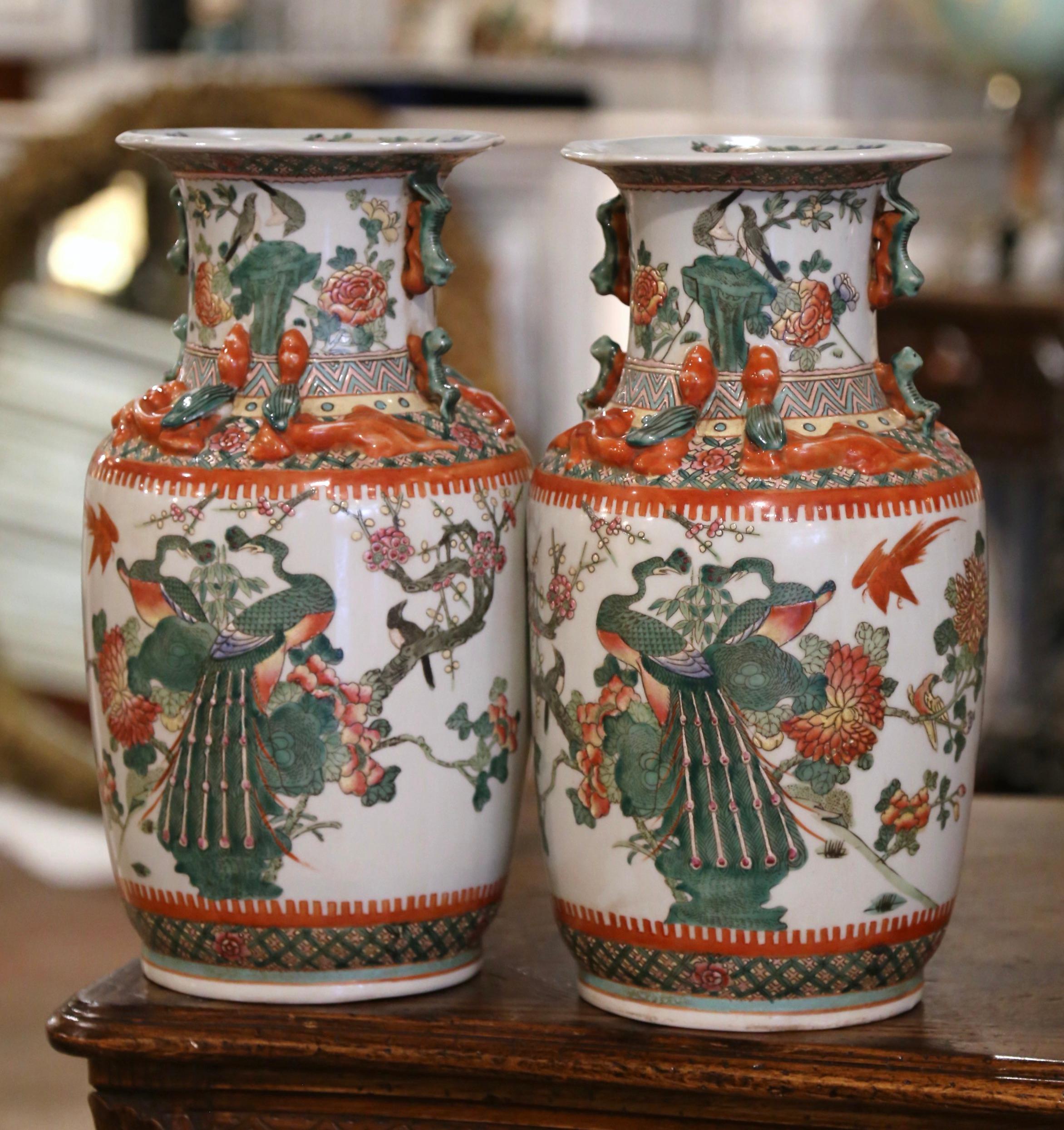 Pair of Mid-Century Chinese Hand Painted Porcelain Vases with Bird Motifs 2
