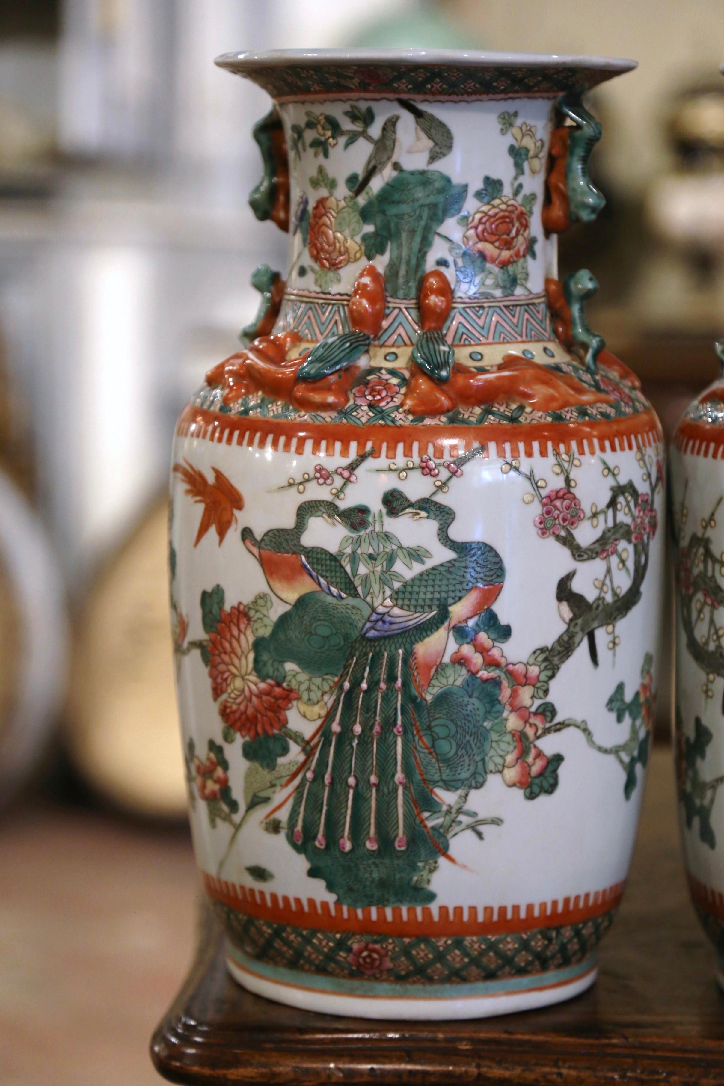 Pair of Mid-Century Chinese Hand Painted Porcelain Vases with Bird Motifs 3