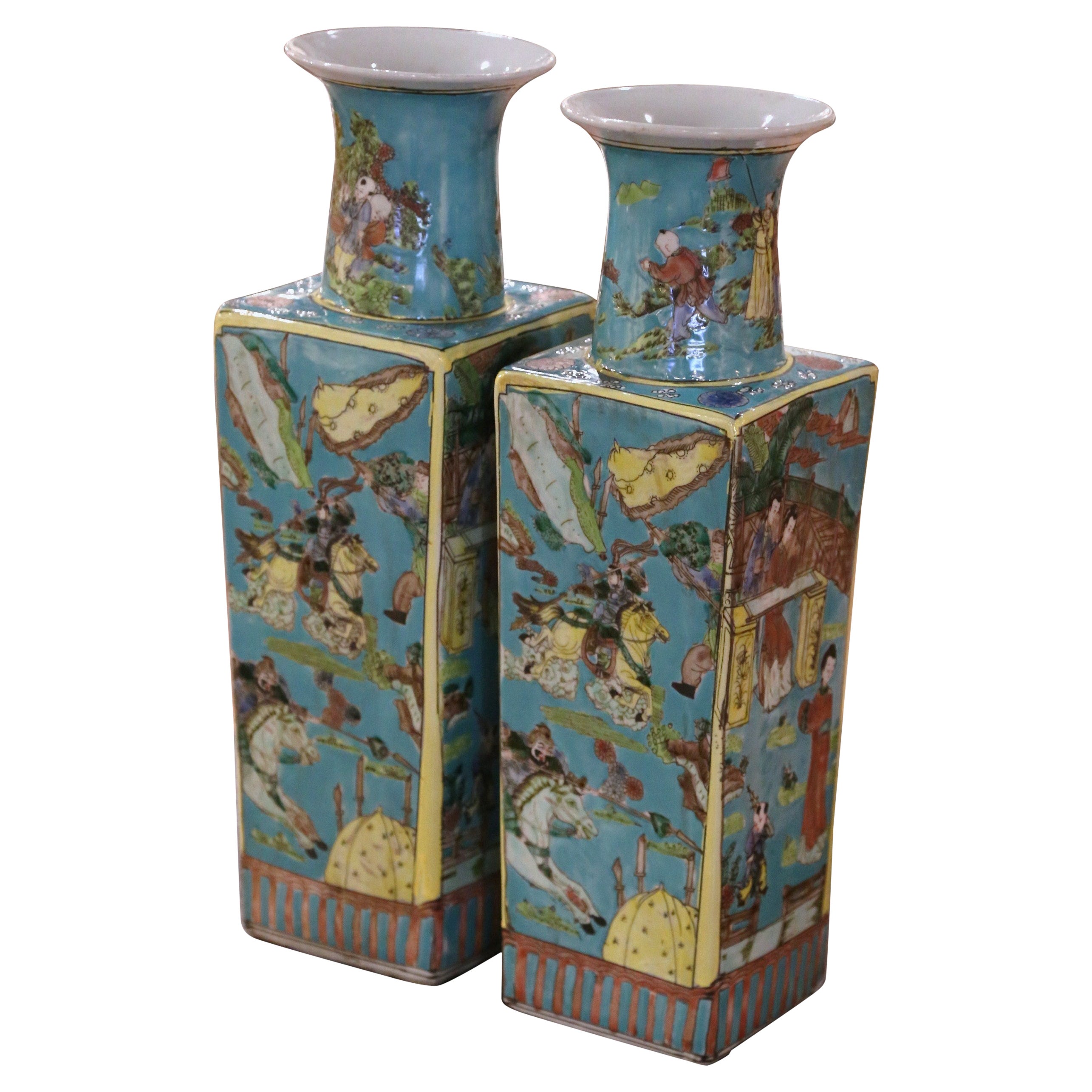 Pair of Mid-Century Chinese Hand Painted Turquoise Porcelain Vases